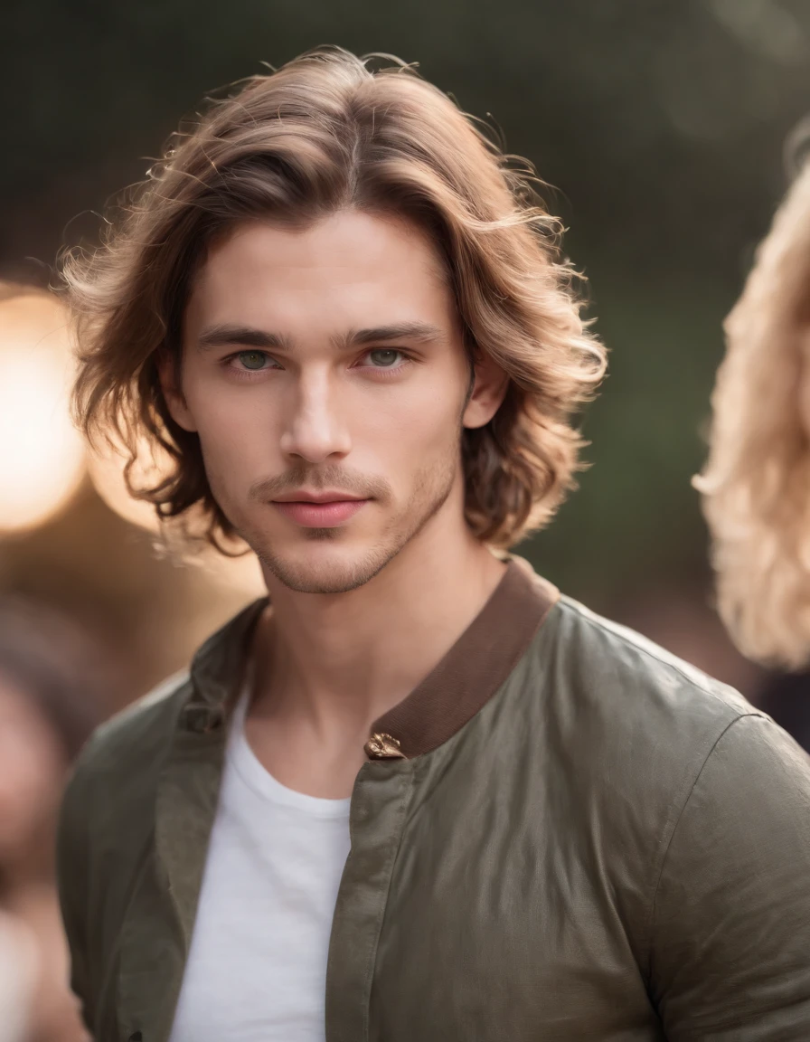 photo of a stunning handsome Brazilian male, green eyes, short messy windy light brown hair, flipping hair, closeup zoomed in tight crop portrait, walking down a (runway at a fashion show scene models people:1.2) wearing a (casual designer clothing:1.3) (expensive cellphone on his hand:1.3) (Lighting-Gold:1.2) foreground objects background details (masterpiece:1.2) (photorealistic:1.2) (bokeh:1.2) (best quality) (color grading) (detailed skin:1.3) (intricate) (8k) (HDR) (cinematic lighting:1.3) (sharp focus), messy windy hair