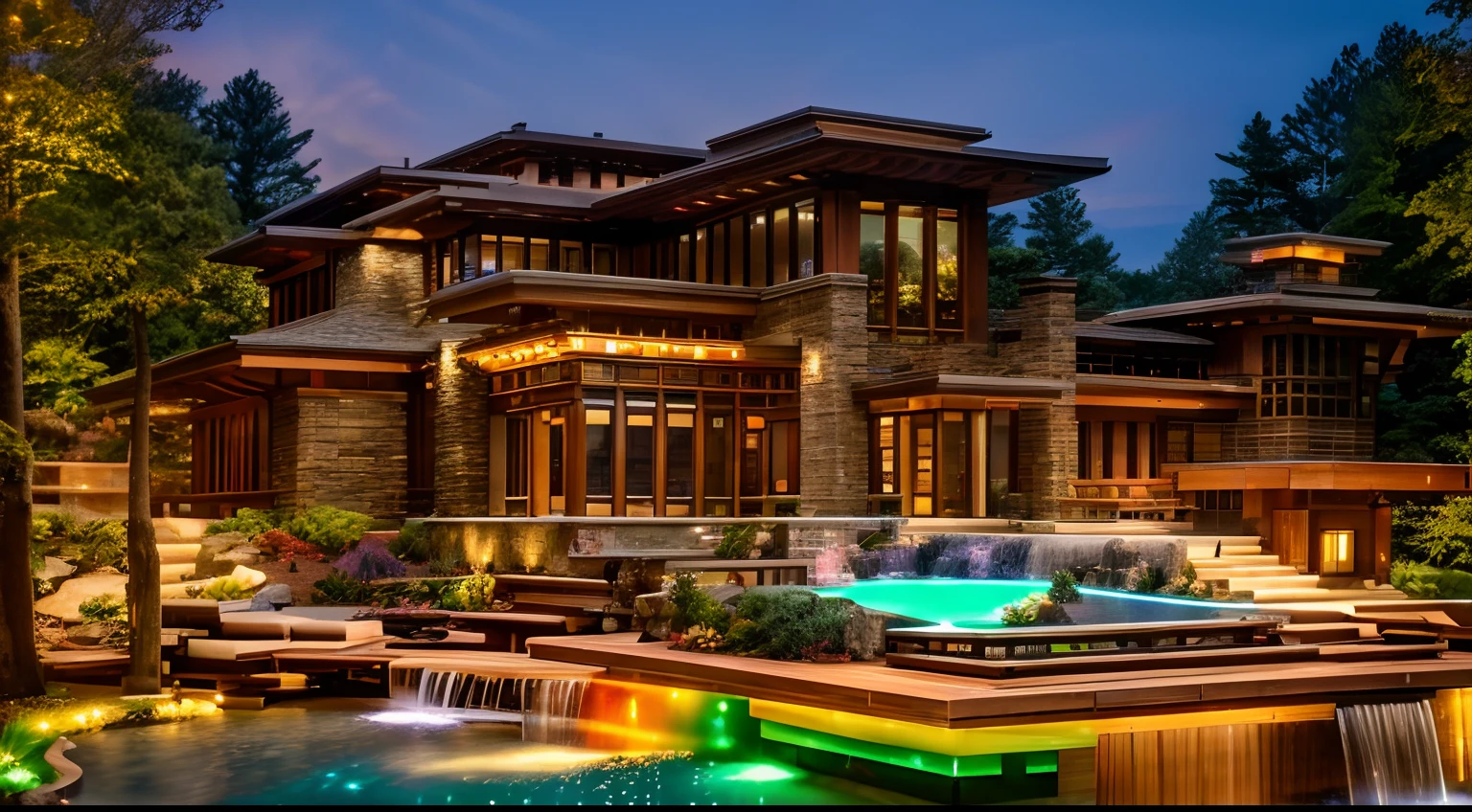a close up of a building with a waterfall in front of it, large modern residence, luxury architecture, peaceful wooden mansion, frank lloyd wright, exquisite architecture, rich house, contemporary masterpiece, neotraditional modern, falling water, contemporary architecture, architecture award winning, award winning architecture, mix with rivendell architecture, contemporary house, architectural masterpiece, award winning contemporary,very bright (((multi-colored LED lights)))