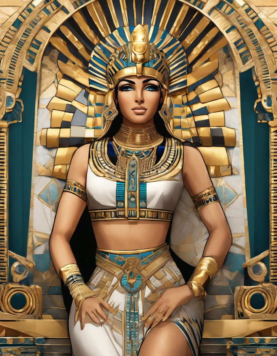A portrait of a drop dead gorgeous Cleopatra, with intricate and detailed golden headdress adorning her bald head, dressed in a shimmering royal Egyptian gown, revealing her fit and slim waist, hourglass figure, and seductive curve, capturing her captivating and alluring gaze, with heavily lined and intense eye makeup, accentuating her elegance and power. HDR, dramatic lighting, with a cinematic shot, vivid colors, reminiscent of ancient Egyptian art, an ultra-realistic masterpiece. (events:1.1), antique, ancient Egypt, luxurious, royal, royalty, regal, powerful, Cleopatra, queens, majestic, historic