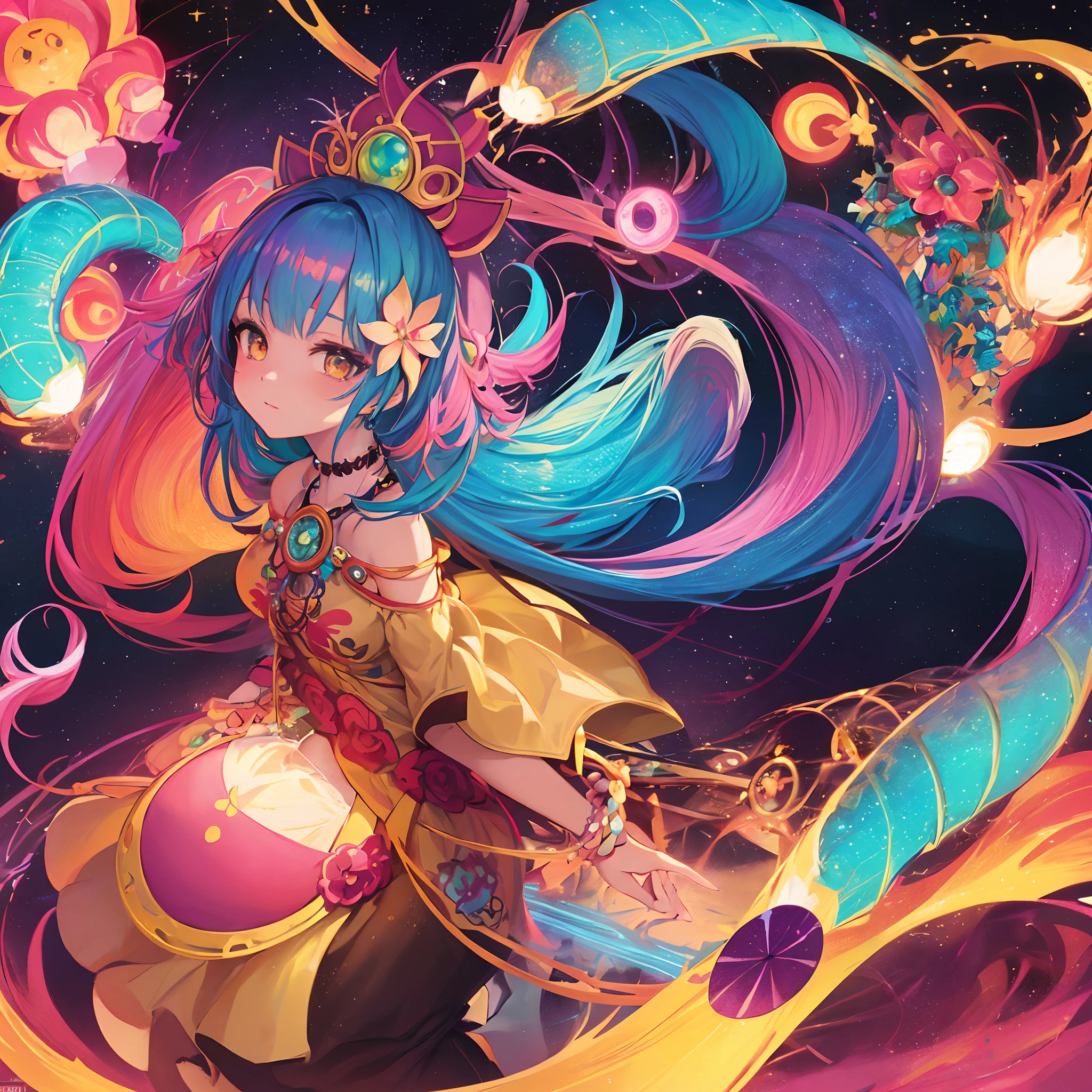 Close-up of a woman with colorful hair and necklace, anime girl with cosmic hair, Rosla's soft vibrancy, Guviz-style artwork, Fantasy art style, Colorful], vibrant fantasy style, Vibrant Ross Cartoon, cosmic and colorful, Guviz, Colorful digital fantasy art, stunning art style, Beautiful anime style, Glowing hair