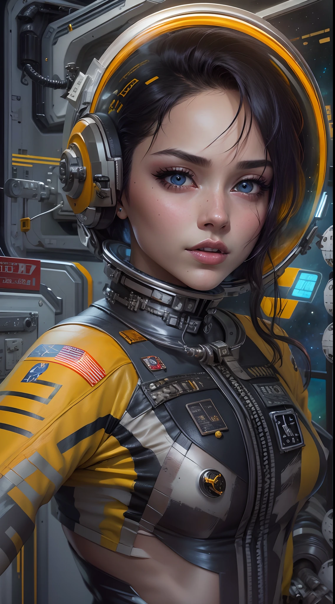 motor irreal:1.4,UHD,La mejor calidad:1.4, fotorrealista:1.4, textura de la piel:1.4, obra maestra:1.8,Cara perfecta Chica con vestido cyberpunk amarillo , medio futurista, Mezcla de gran mancha de mariquita, Cabello rubio largo y atado,Estilo cyberpunk:1.4 ,(Space Station:1.4),(Beautiful and detailed eye description)