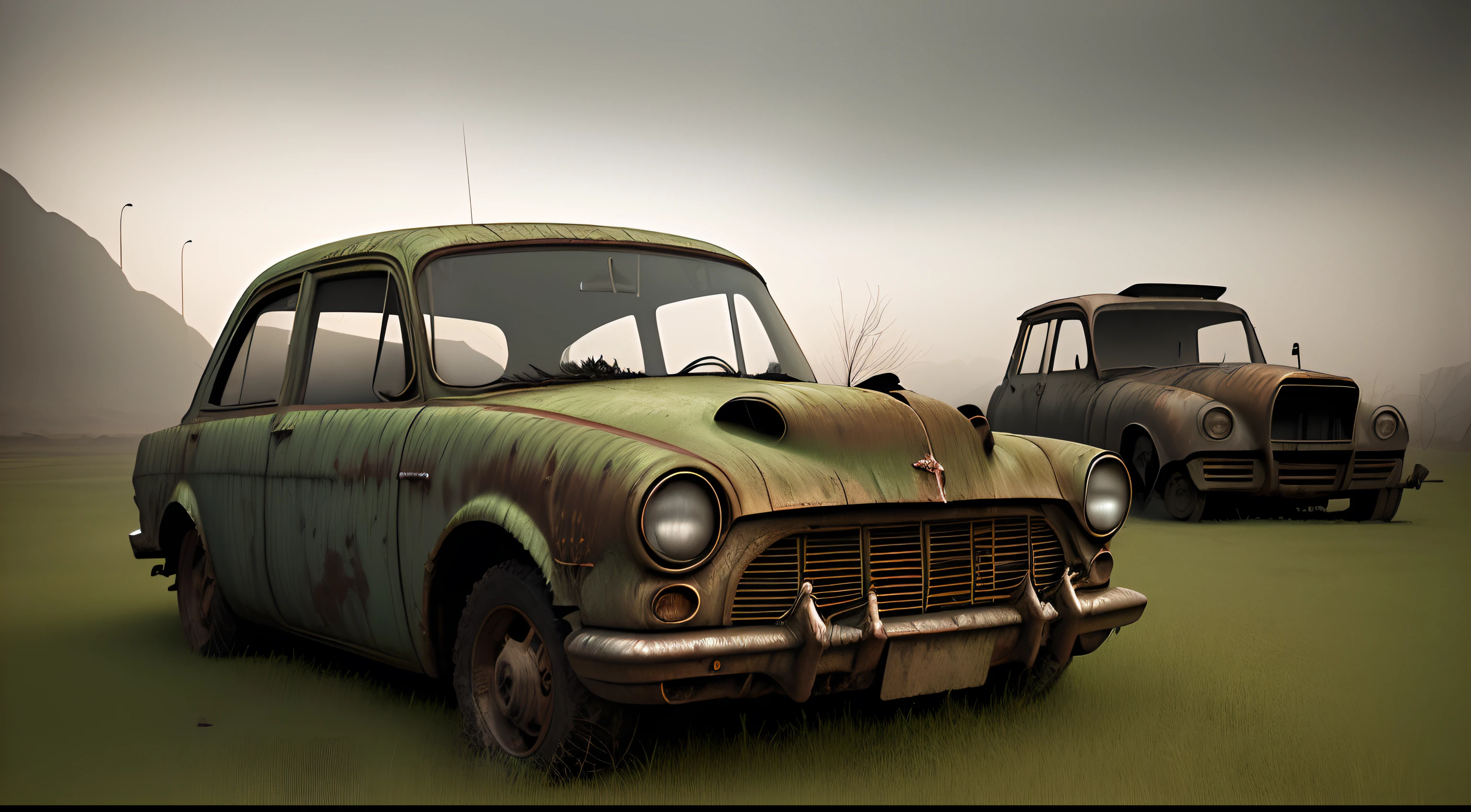 there is a old car that is sitting in the grass, a detailed matte painting inspired by Rudy Siswanto, pexels contest winner, conceptual art, 3 d render and matte painting, post apocalyptic background, post apocalyptic landscape, post apocalyptic view, post apocalyptic scene, post apocalyptic setting, post apocalyptic atmosphere, abandoned vehicles, abandoned cars, photorealistic matte painting