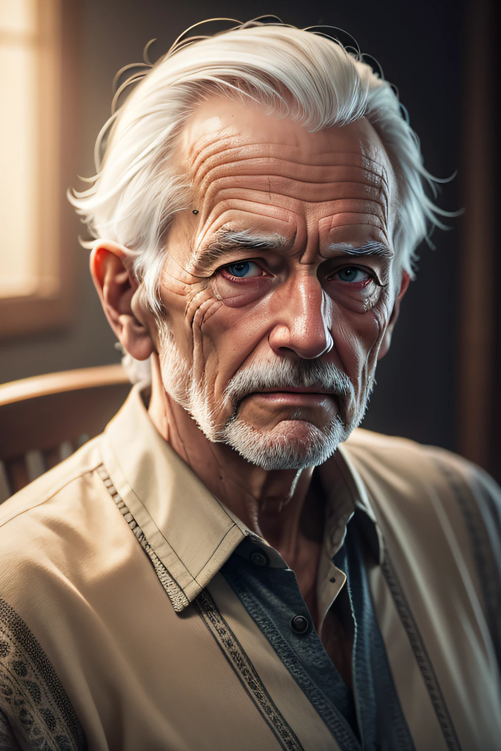 Portrait of an old man, 4K photographic cinematic lighting, intricate, smooth, sharp focus, with casual blouse