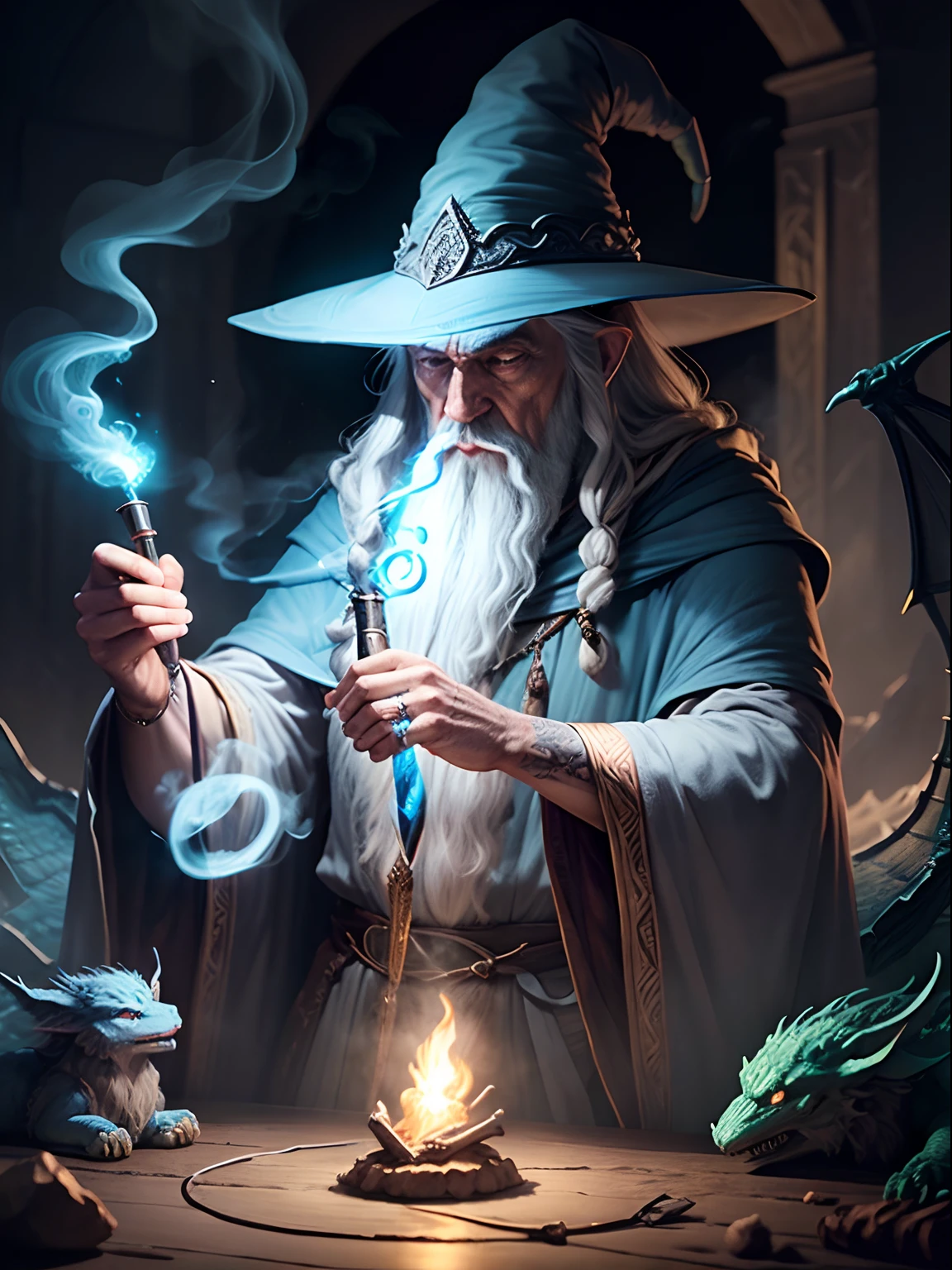 Gandalf (Wizard of the Lord of the Rings) fumando um grande cachimbo, releasing smoke in the form of dragons, arte com efeitos em neon