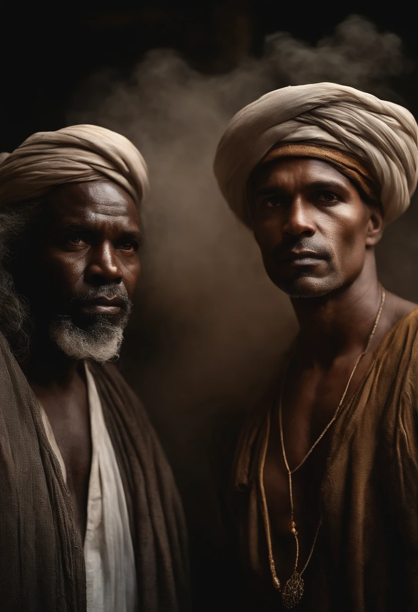 Ethereal photo of 2 men, 1 Irish white, 1 homem africano, 45 anos, , emerging from turbulences of smoke and vapors, cabelos longos, estilo de Steve McCurry, obra-prima de arte intrincada, agourento, proportion Aurea, trending in cgsociety, intrincado, epics, trending on ArtStation, por artgerm, h. r. Giger e Beksinski, altamente detalhado, vibrante, production cinematic character render, ultra high quality model