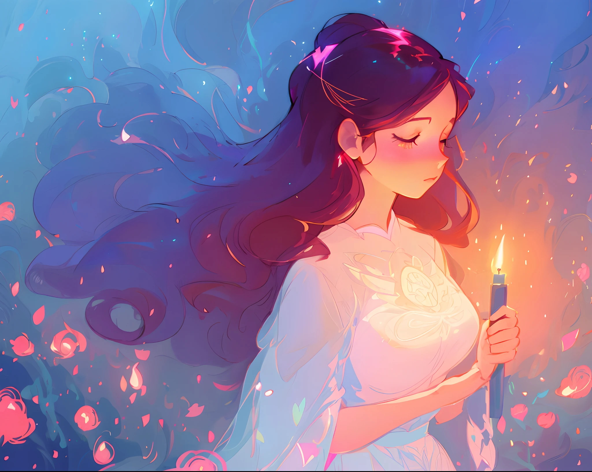 anime, a girl with long hair, flowing white dress, beautiful girl holding a candle, long glowing ethereal hair, glowing flowing hair, flowing glowing hair, long glowing hair, beautiful anime art style, beautiful digital illustration, ethereal anime, a beautiful artwork illustration, inspired by Glen Keane, inspired by Lois van Baarle, disney art style, by Lois van Baarle, glowing aura around her, by Glen Keane, jen bartel, glowing lights, masterpiece, best quality, 8k resolution, sharp focus, intricate detail, highly detailed, beautiful face, perfection, golden ratio