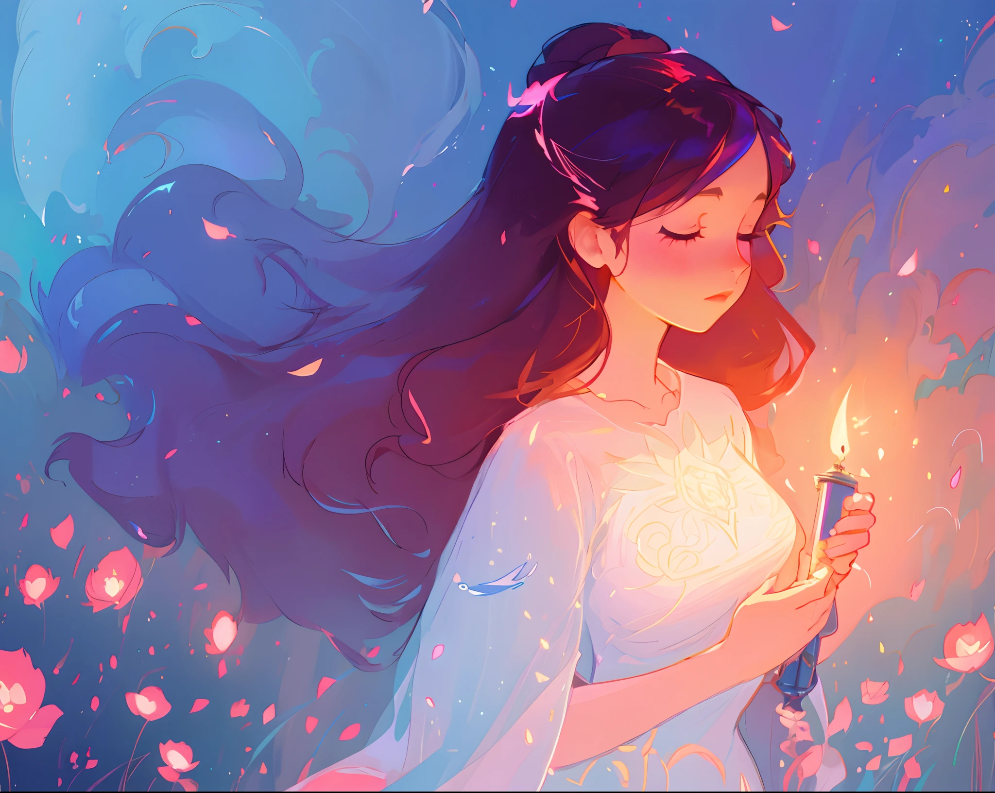 anime, a girl with long hair, flowing white dress, beautiful girl holding a candle, long glowing ethereal hair, glowing flowing hair, flowing glowing hair, long glowing hair, beautiful anime art style, beautiful digital illustration, ethereal anime, a beautiful artwork illustration, inspired by Glen Keane, inspired by Lois van Baarle, disney art style, by Lois van Baarle, glowing aura around her, by Glen Keane, jen bartel, glowing lights, masterpiece, best quality, 8k resolution, sharp focus, intricate detail, highly detailed, beautiful face, perfection, golden ratio