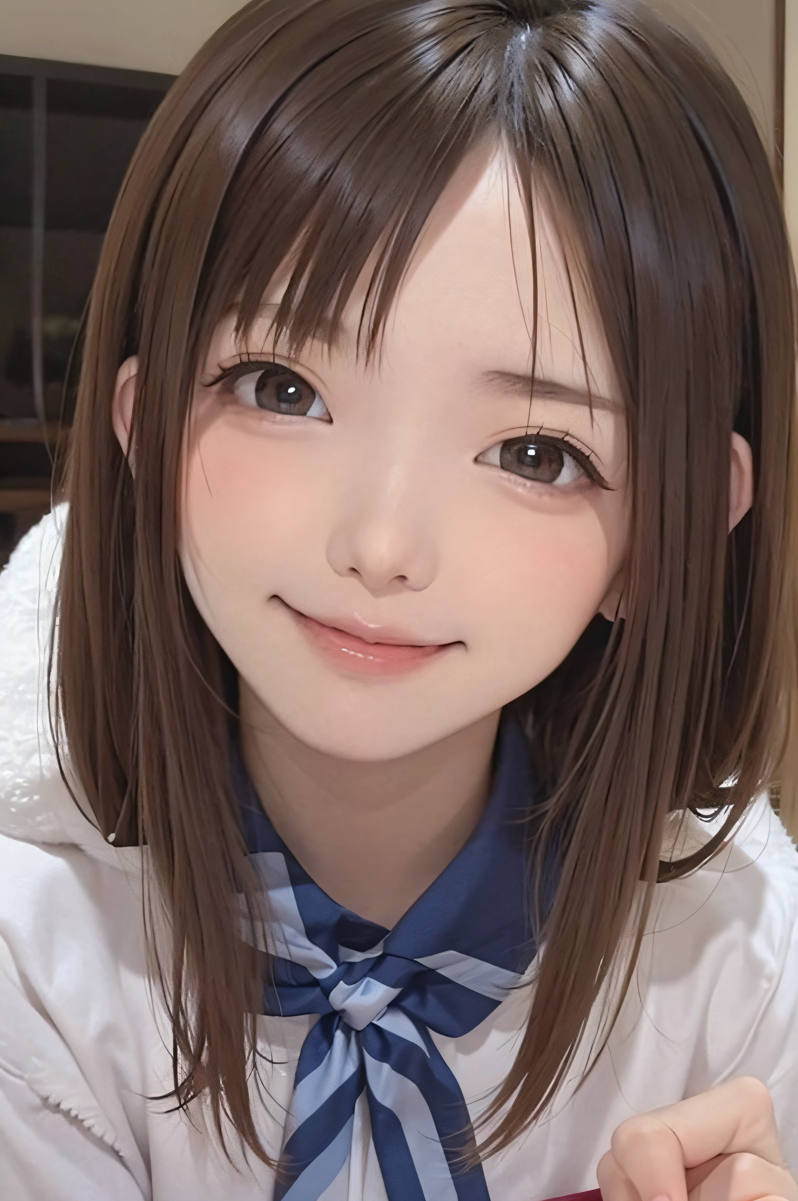 、brown haired、beautidful eyes、real looking skin、hi-school girl、small tits、(8K、masterpiece)、(reallistic、Photorealsitic)、top-quality、ighly detailed、The ultra-detailliert、Beautie、cute little、japanes、a smile、Close-up portrait、Healthy face、School uniform、plaid skirts
