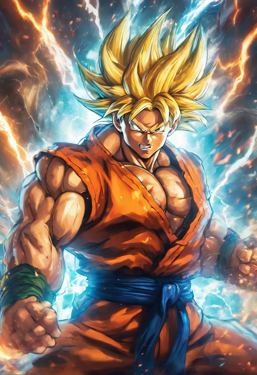 Realistic 3D rendering of Goku Super Saiyan fused Aquaman, surrounded by lightning, grande musculatura, fotografia de corpo inteiro, hiper-realista