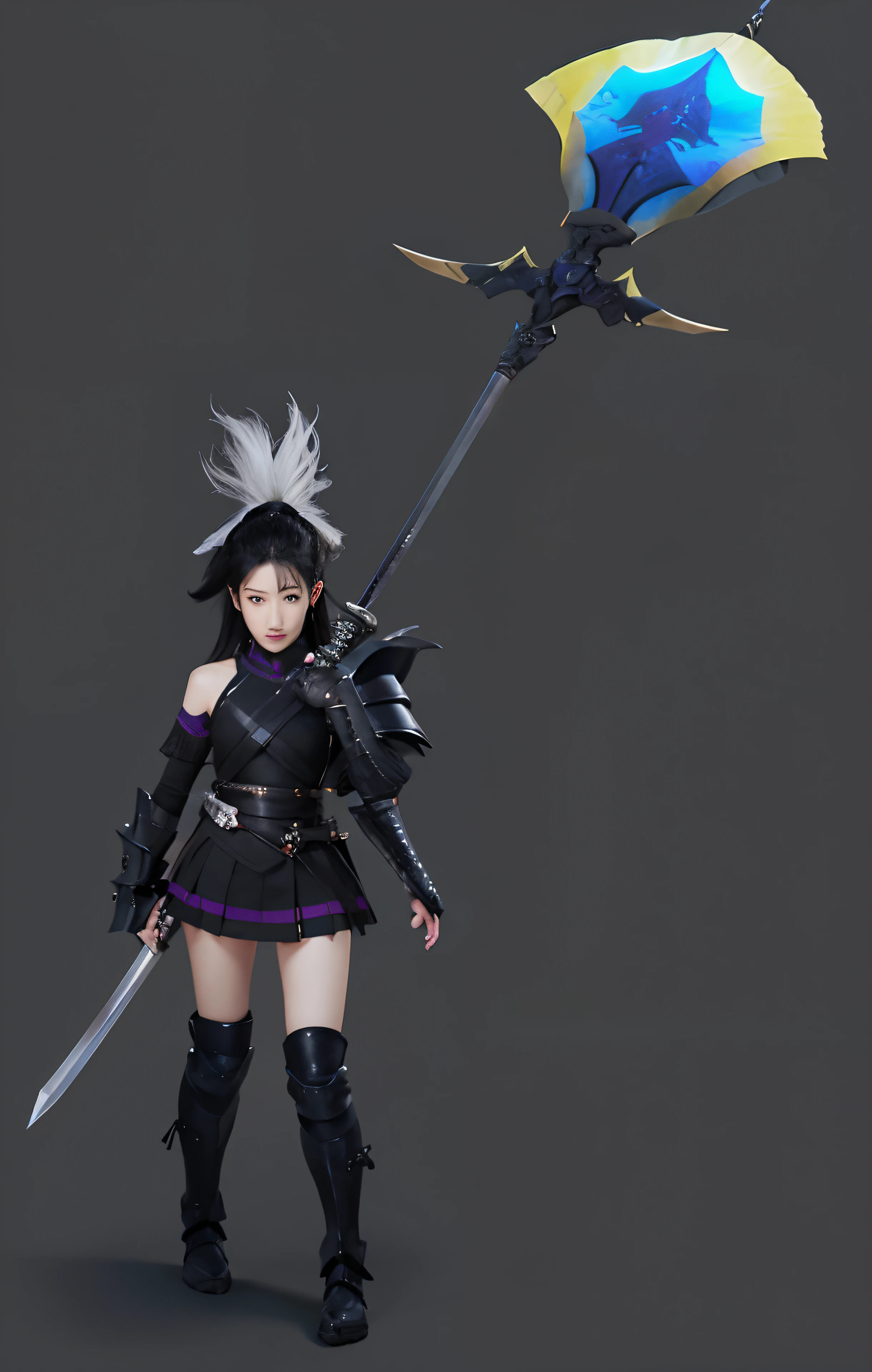 Girl with a spear on her back, black hair, above shoulder length hair, black samurai armor with purple edges, black armor skirt, blacked armored boots above the knee length, gray puppy above her head.