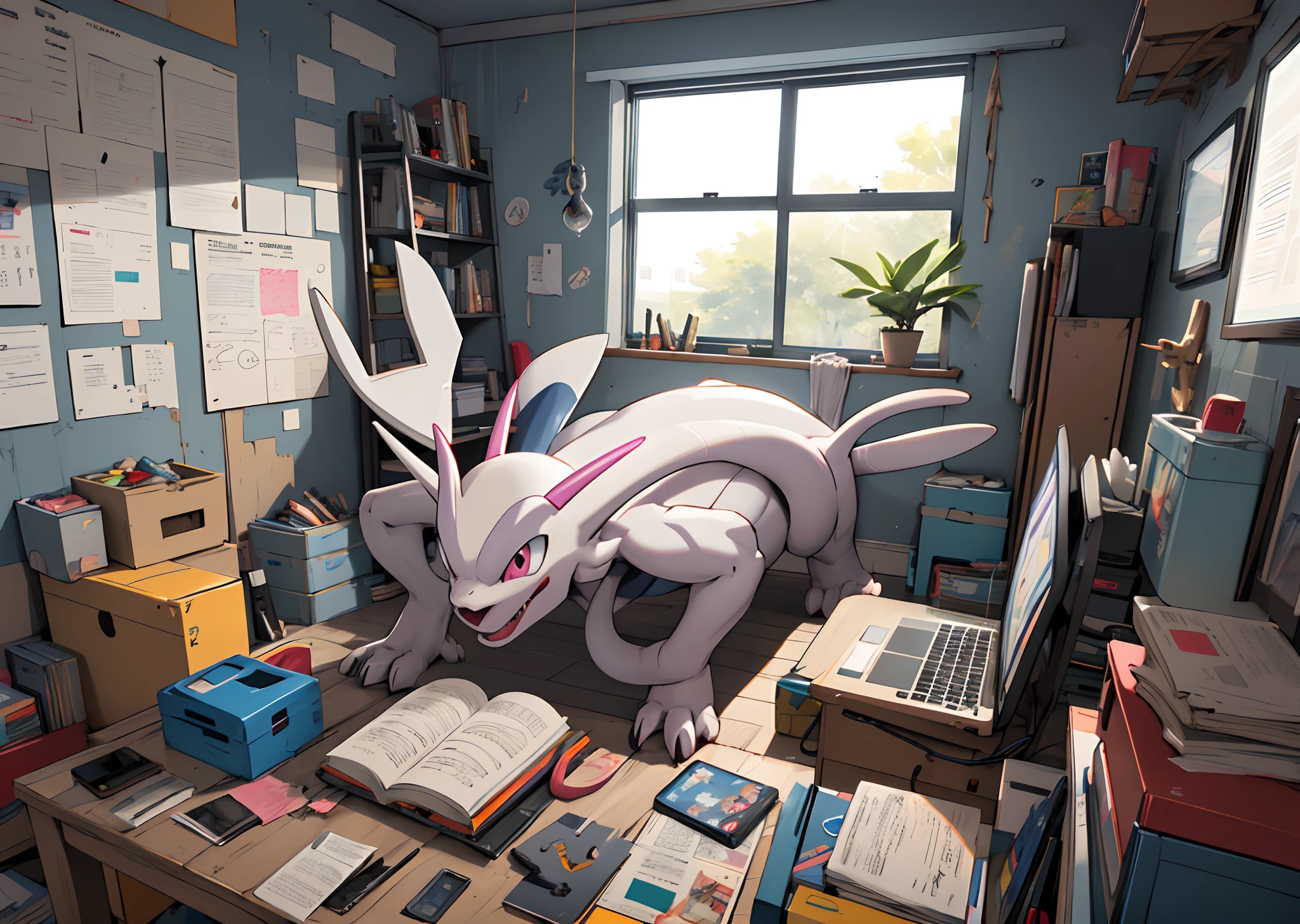 Obra maestra, La mejor calidad, a pixiv illustration by Mewtwo, Mostrar en segundo plano, Teclado de PC, cluttered room, dentro, no humano, Pokémon Creature