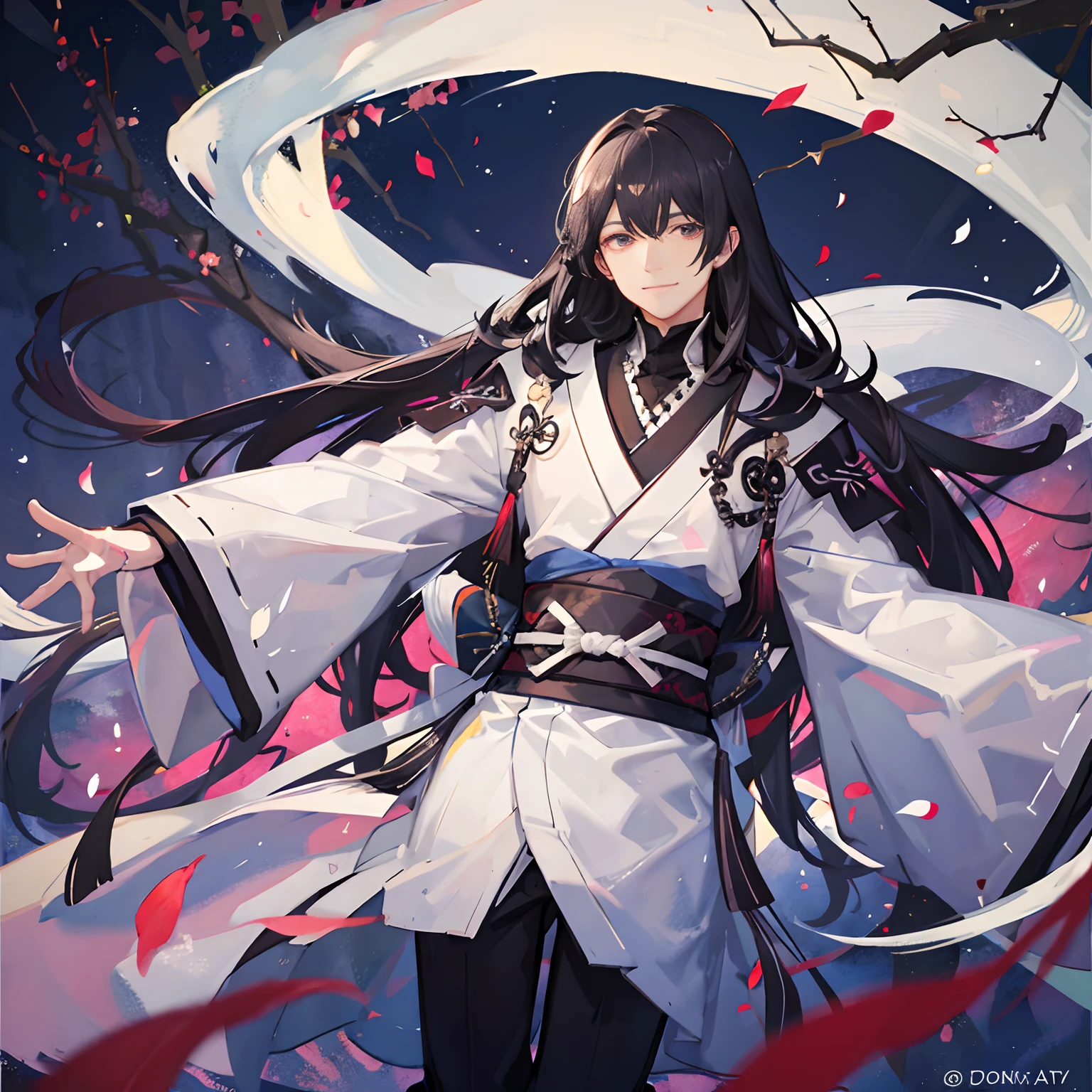 ghost (adult man) in a pure white kimono with long black hair in the woods (at night), highly detailed, friendly smile, happy, will-o-wisps, anime, watercolor