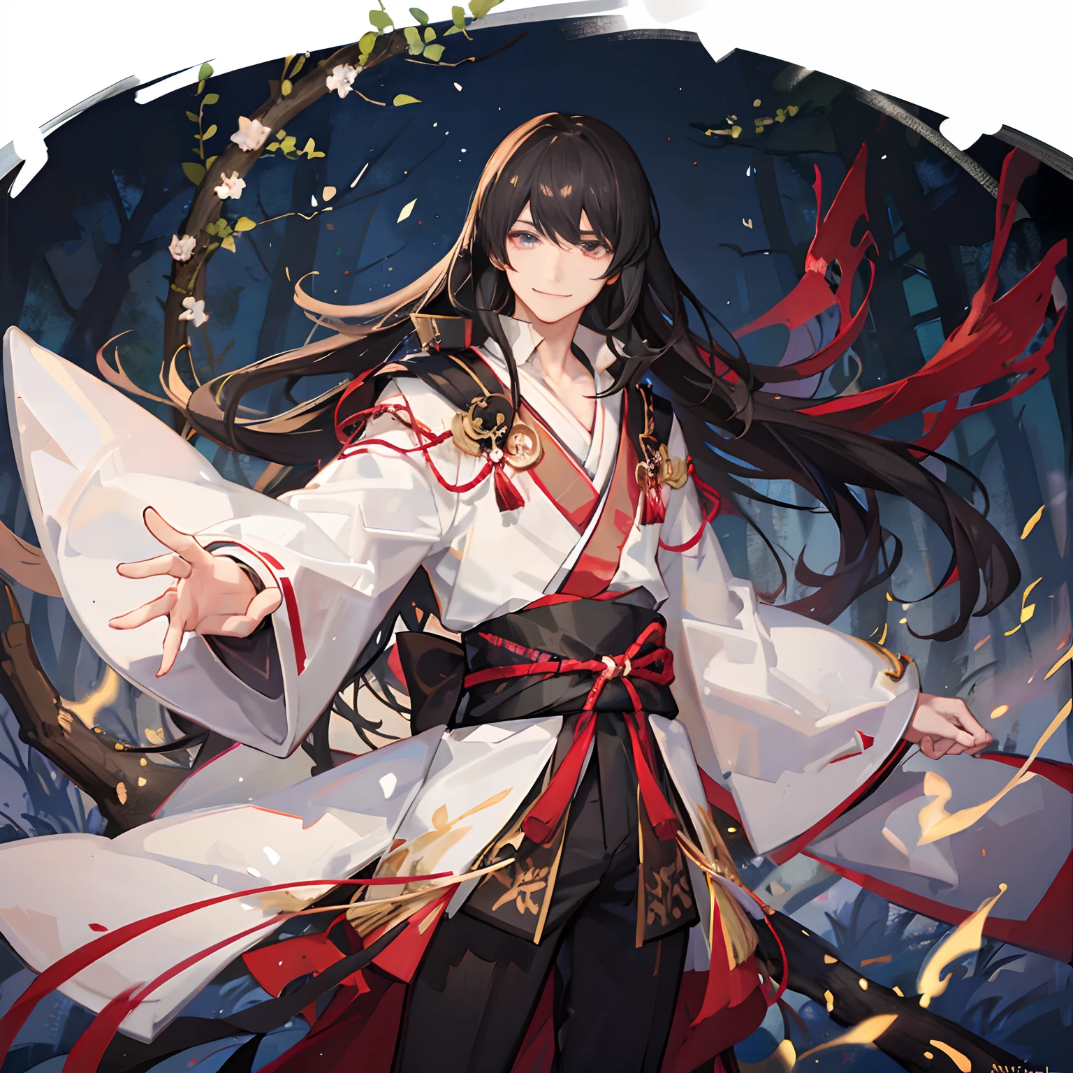 ghost (adult man) in a pure white kimono with long black hair in the woods (at night), highly detailed, friendly smile, happy, will-o-wisps, anime, watercolor