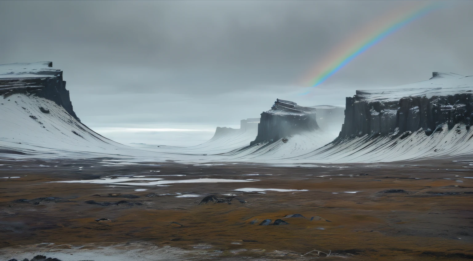 Icelandic Tundra: Frosted Moss, Desolate, Secluded, Stranded Debris, (best quality, 4k, 8k, highres, masterpiece:1.2), ultra-detailed, (realistic, photorealistic, photo-realistic:1.37), High-Density Cinematography, Barren Landscape, Eerie Atmosphere, Soft Colors, Ethereal Lighting, Rainbow Removed, Rainy, Misty