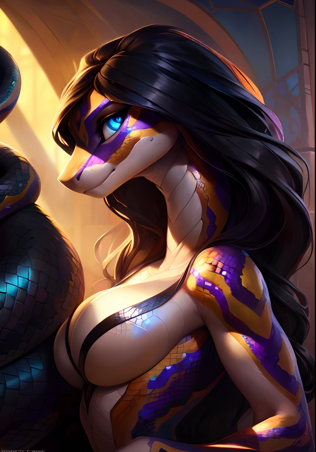Uploaded on e621, by Pixelsketcher, by Bayard Wu, by Thomas Benjamin Kennington , by Einshelm, solo anthro, ((face portrait)), BREAK, shake hissing, sweet look, (detailed Bonifasko lighting), (detailed scales), (detailed skin), (colorful snake, colorful snake, colorful snake), (extremely long neck), (her own hands holding her own face), BREAK, ((snake hissing)), ((SFW)), ((long thick colorful tail)), ((wavy black hair)), ((facing viewer)), (cinematic lighting), ((detailed background)), ((face portrait view)), (((face view))), (half body shadow), [backlighting], [crepuscular ray], [detailed ambient light], [gray natural lighting], [ambient light], (higher wildlife feral detail), [explict content], [sharp focus], (questionable content), (shaded), ((masterpiece), hissing, her own hands holding her own face, wavy hair, medium scales breasts, breasts, furry colorful snake, snake face, furry Fantasy Art, furry Art, Commission for High Res, anthro Art, Art,Sakimichan beautiful, masterpiece, medium breasts, best quality, detailed image, bright colors, detailed face, perfect lighting, perfect shadows, perfect eyes, girl focus, snake eyes, flawless face, big breasts, extremely long neck, face focus, ((long thick colorful tail)) snake, snake girl, scales, scales woman, snake nose, large long muzzle, wavy black hair, colorful scales, gaze at the viewer, half-closed eyes, 1girl, solo, (masterpiece), (best quality), (illustration), (cinematic lighting), long hair, detailed scales, balanced coloring, global illumination, ray tracing, good lighting, scales, anthro, showing breasts, cleavage, looking at viewer, seductive look, SFW