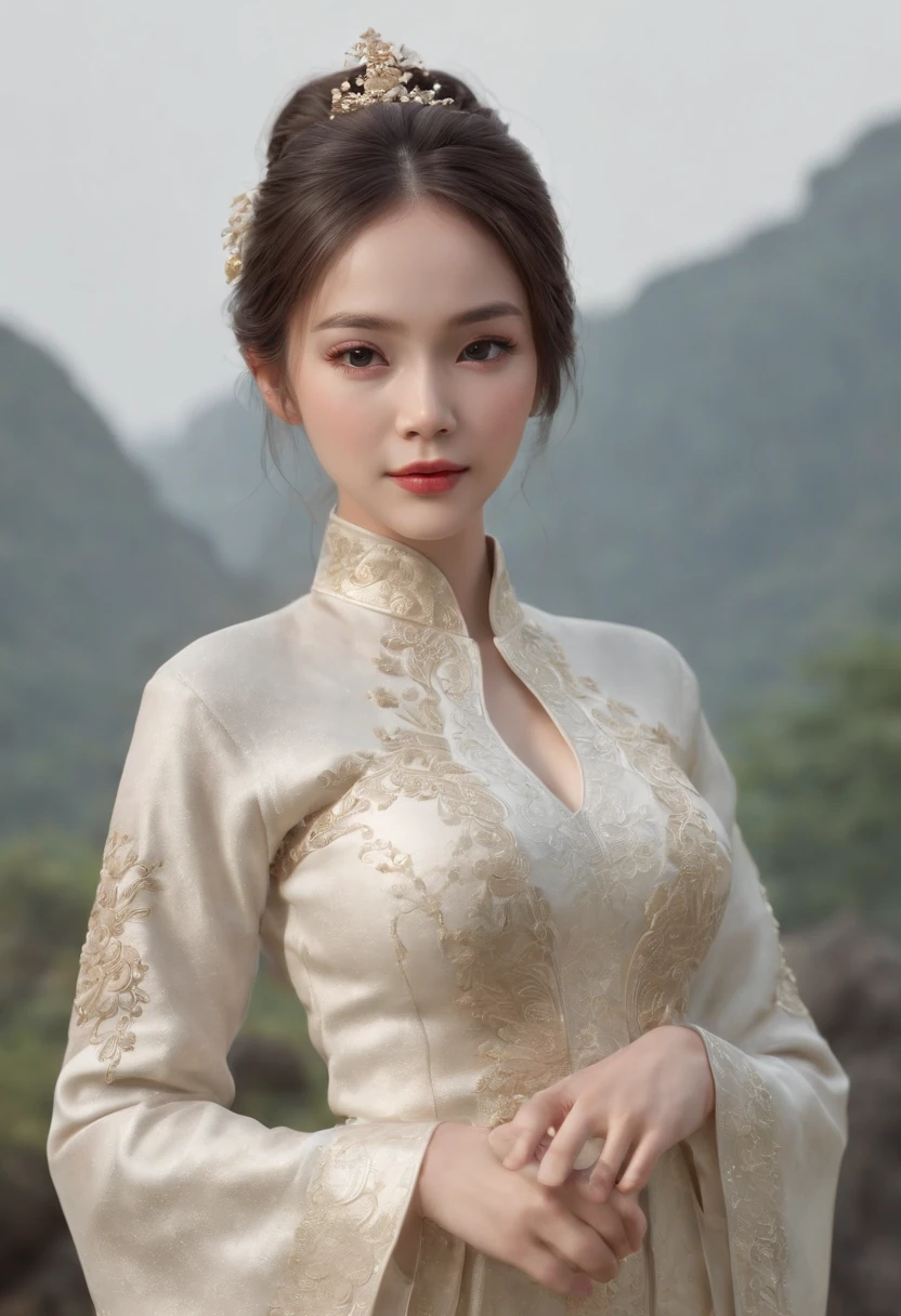 (best quality, masterpiece:1.2), photorealistic, ultra high res, full body shot, front lighting, intricate detail, Exquisite details and textures, 1girl, (young), face highlight, upper body, detailed face, tear mole, white skin, silver hair, ponytail, braid hair, looking at viewer, big eyes, symmetrical eyes, (sexy ao dai attire:1.6), earrings, (gigantic breasts), slim body, professional lighting, photon mapping, radiosity, physically-based rendering, good hands, good fingers, outdoor, masterpiece,ultra realistic,32k,extremely detailed CG unity 8k wallpaper, best quality