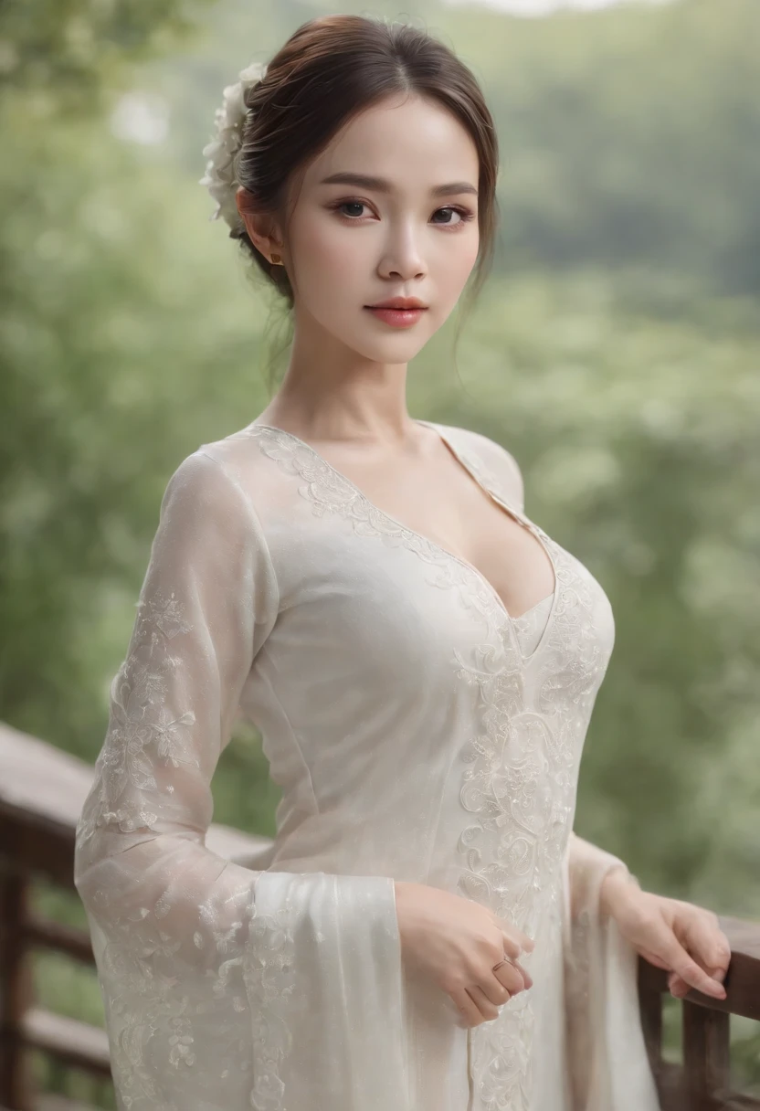 (best quality, masterpiece:1.2), photorealistic, ultra high res, full body shot, front lighting, intricate detail, Exquisite details and textures, 1girl, (young), face highlight, upper body, detailed face, tear mole, white skin, silver hair, ponytail, braid hair, looking at viewer, big eyes, symmetrical eyes, (sexy ao dai attire:1.6), earrings, (gigantic breasts), slim body, professional lighting, photon mapping, radiosity, physically-based rendering, good hands, good fingers, outdoor, masterpiece,ultra realistic,32k,extremely detailed CG unity 8k wallpaper, best quality