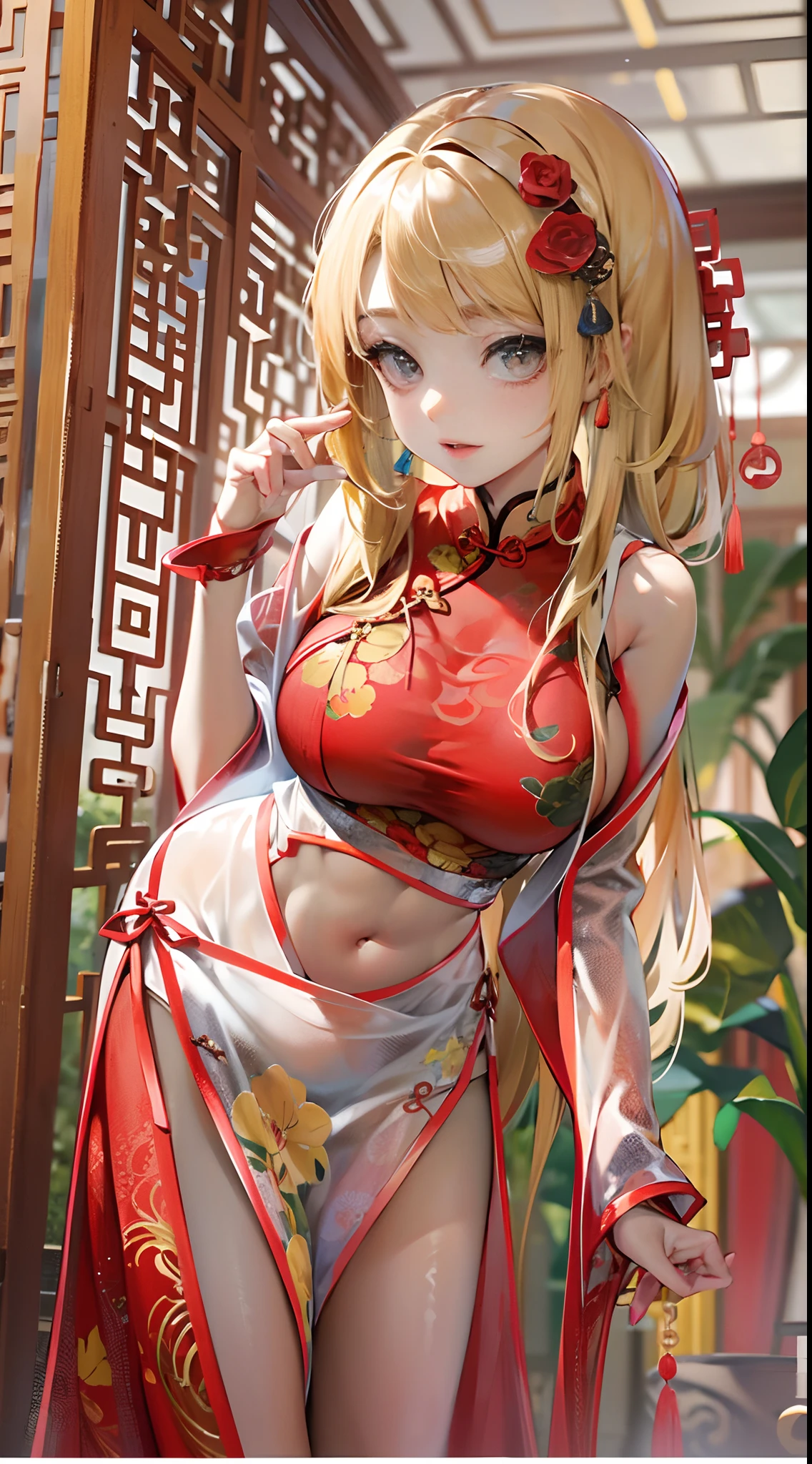 The blonde，on cheongsam，(Red cheongsam)，(Chinese tradition)，During the Republic of China，huge tit，High-forked cheongsam，expose arms，Exposing thighs，(cleavage)