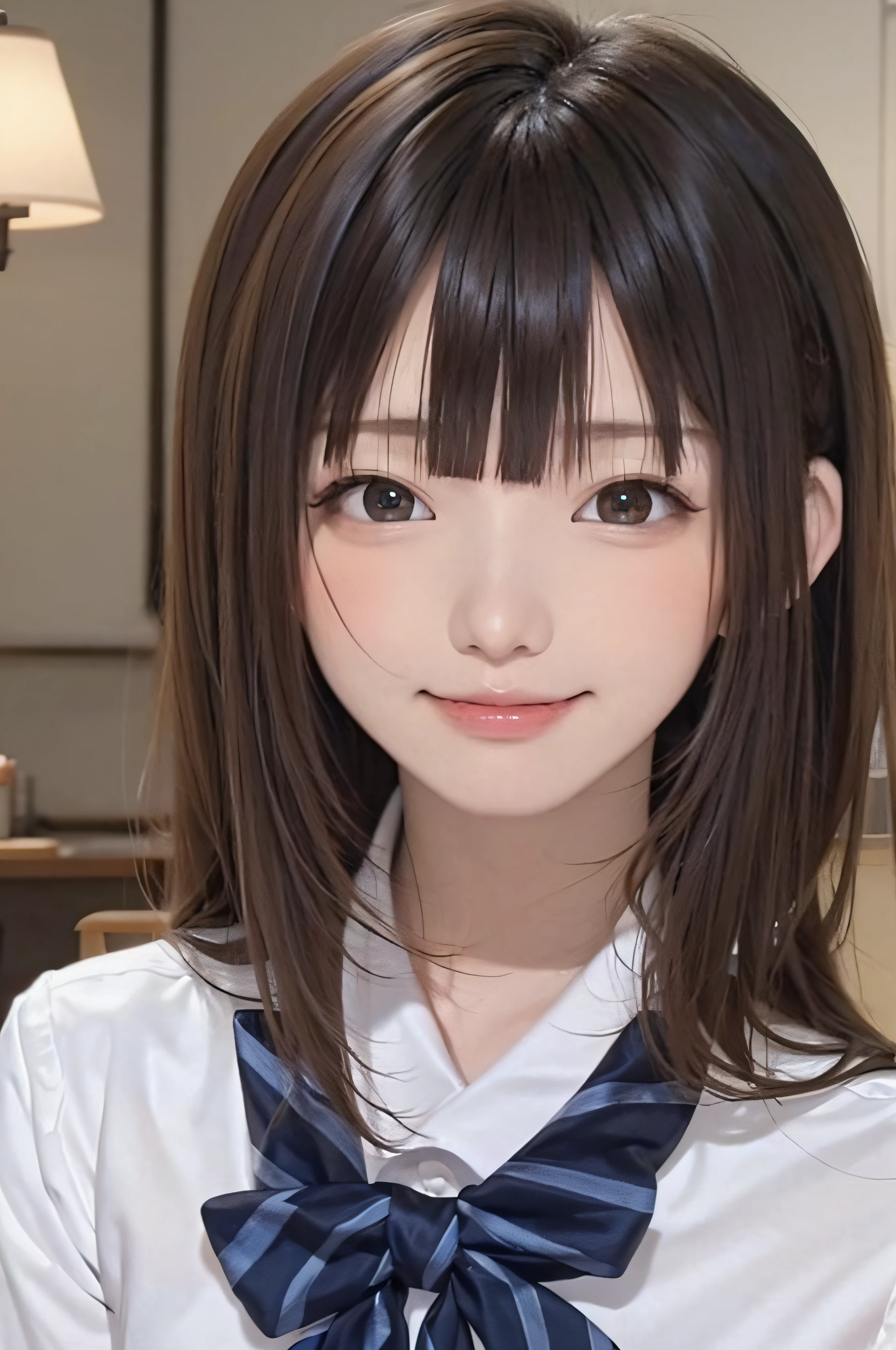 15yo student、brown haired、beautidful eyes、real looking skin、hi-school girl、small tits、(8K、​masterpiece)、(reallistic、Photorealsitic)、top-quality、ighly detailed、The ultra-detailliert、Beautie、cute little、japanes、a smile、Close-up portrait、Healthy face、School uniform、plaid skirts