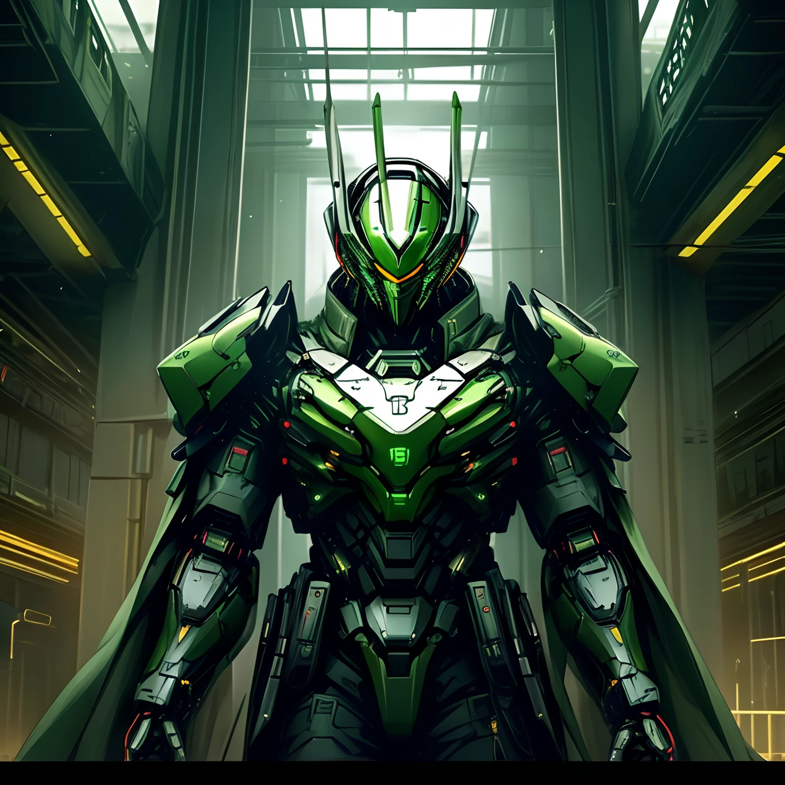 Dark_Fantasy、cyberpunked、(top-quality、masterpiece)、(green:1.1)、1man、Mechanical Marvel、Robot Presence、Cybernetics Guardian、Cybernetic jacket、Villa Meadow