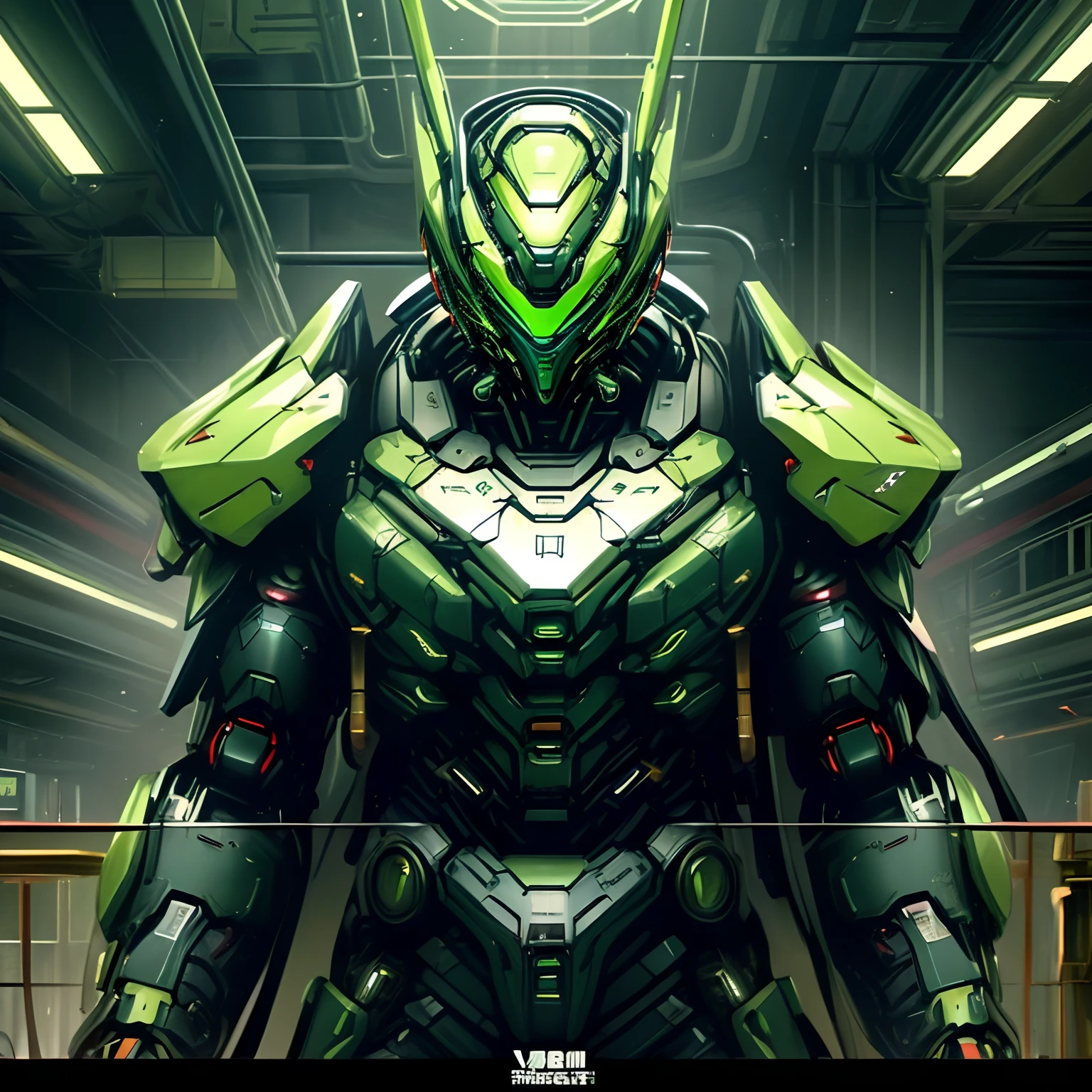 Dark_Fantasy、cyberpunked、(top-quality、masterpiece)、(green:1.1)、1man、Mechanical Marvel、Robot Presence、Cybernetics Guardian、Cybernetic jacket、Villa Meadow
