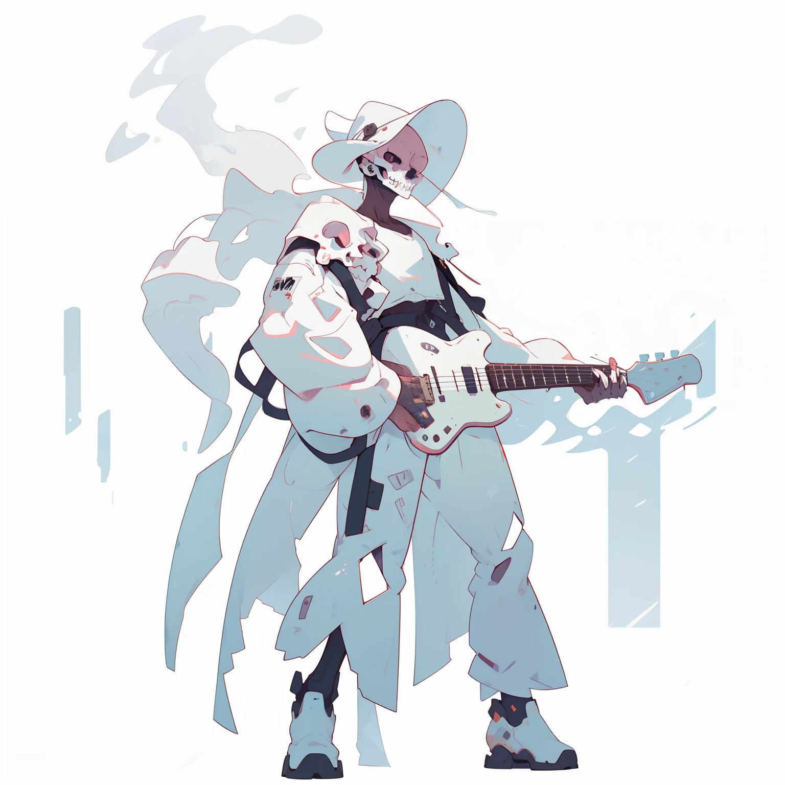 masutepiece, Best Quality, 4K, 超A high resolution, ultra-detailliert, High resolution, Ultra HD, sophisticated details, Backlight, ((Full body shot)), ((No background)), ((White background)), Man's, Street musician, Playing the guitar, Guitar Man, Skull face, cowboy hat,