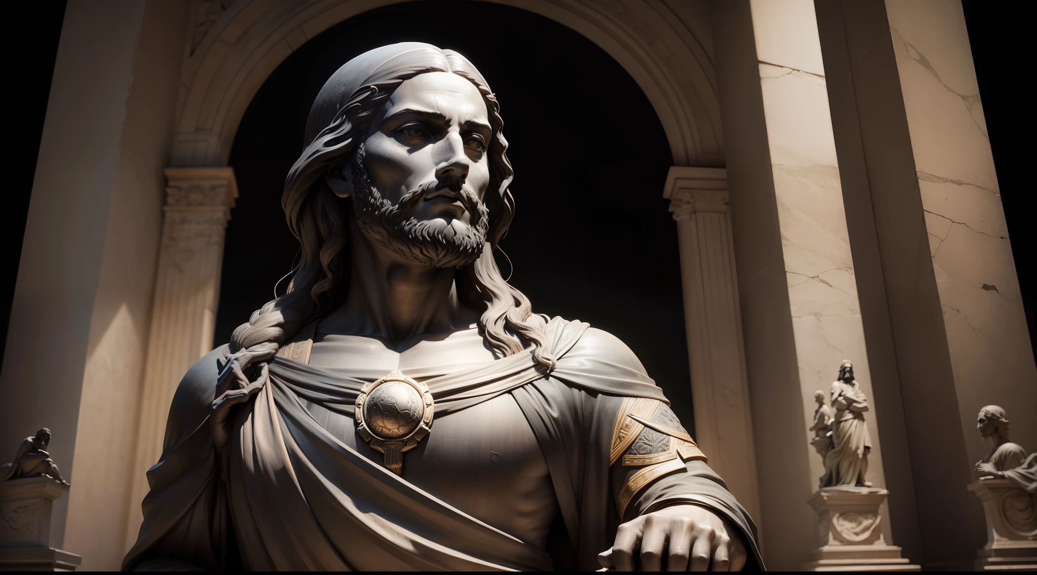 Realistic statue with all-black background of thoughtful ancient philosopher da Vinci.