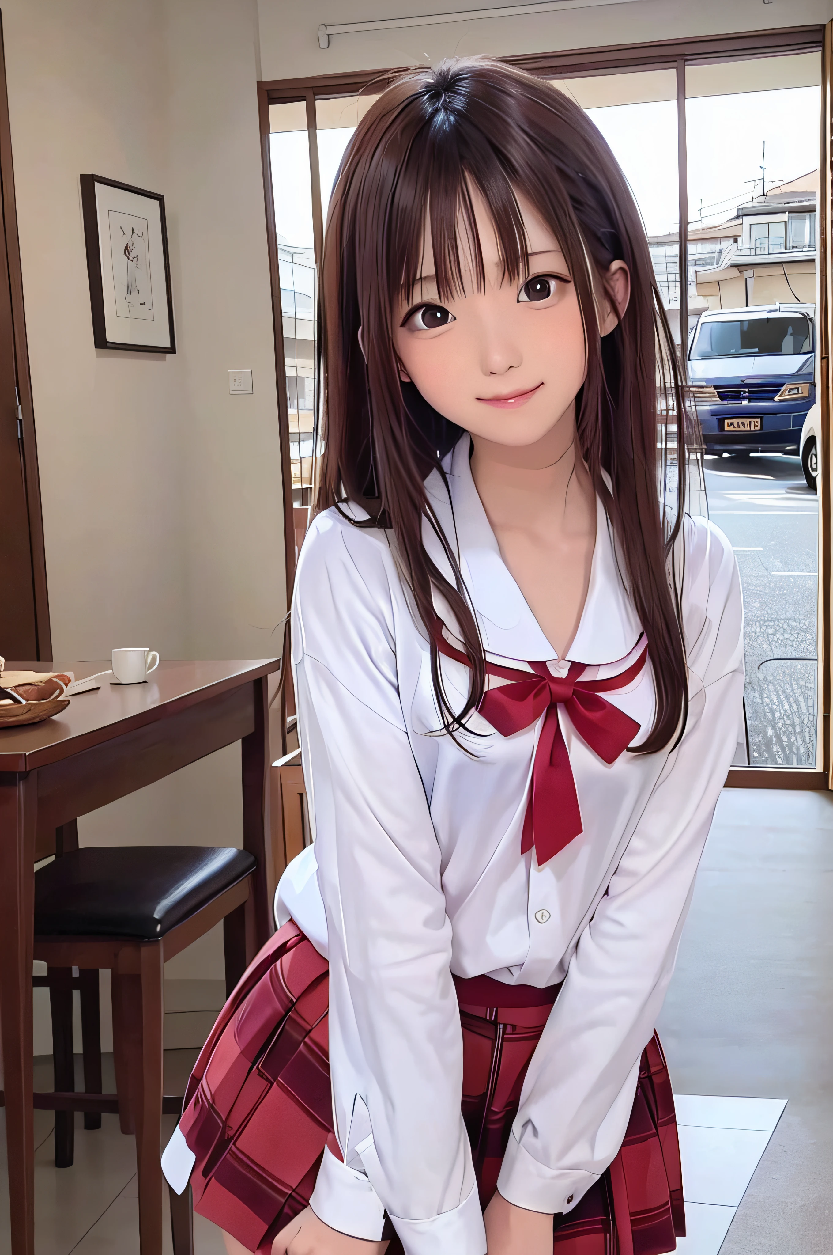 18year old、brown haired、beautidful eyes、real looking skin、hi-school girl、small tits、(8K、masterpiece)、(reallistic、Photorealsitic)、top-quality、ighly detailed、The ultra-detailliert、Beautie、cute little、japanes、a smile、Close-up portrait、Healthy face、School uniform、plaid skirts
