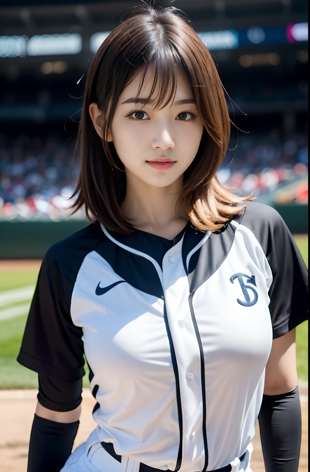 (8K, Raw photo, top-quality, ​masterpiece: 1.2), ​masterpiece, super detailing, Ultra-high decomposition energy A, (Realistic and realistic photos: 1.37), high-definition RAW color photography, Very delicate and beautiful., About Igree, 8K Wallpaper, astonishing, detaileds, extremely detailed eye, highlydetailed skin, extremely detailed fingers, highly detailed nose, highly detail mouth, perfect anatomia,1girll, (Baseball Uniforms), hazy, blured background, Blurred foreground, blush, braid, pectoral muscles, depth of fields, eyebrows visible through hair, Frild, hair between eye, Baseball Stadium, jewely,Baseball Grab、catch、 look up at viewer, Short hair, Sitting, Solo, Colossal tits、乃木坂アイドル、韓国アイドル、hposing Gravure Idol、 Star、18year old、tall、韓国アイドル、乃木坂アイドル、 Star、hposing Gravure Idol、((full body Esbian)), ((Gravure Pose))