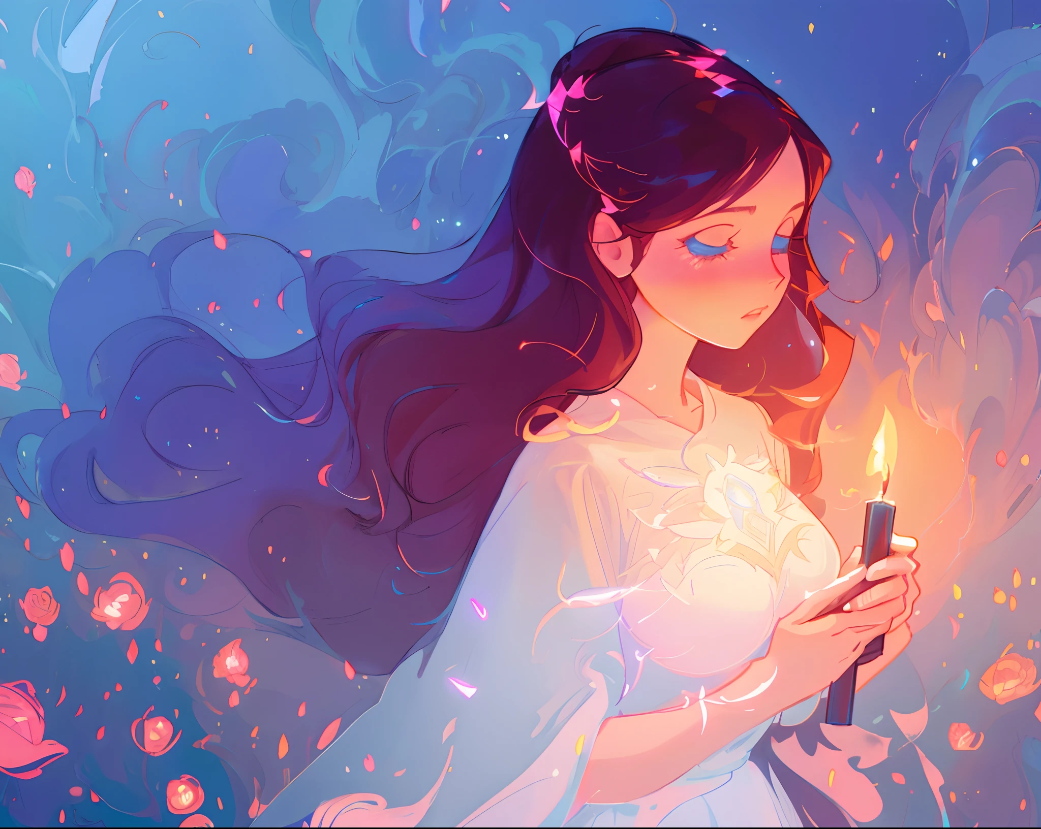 anime, a girl with long hair, flowing white dress, beautiful girl holding a candle, long glowing ethereal hair, glowing flowing hair, flowing glowing hair, long glowing hair, beautiful anime art style, beautiful digital illustration, ethereal anime, a beautiful artwork illustration, inspired by Glen Keane, inspired by Lois van Baarle, disney art style, by Lois van Baarle, glowing aura around her, by Glen Keane, jen bartel, glowing lights, masterpiece, best quality, 8k resolution, sharp focus, intricate detail, highly detailed, beautiful face, perfection, golden ratio