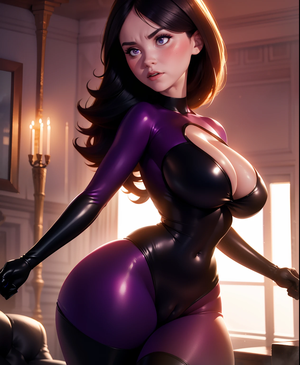 The generated prompt can be："helle parr,latex outfit,long black hair,vivid purple eyes,smoky makeup,big round butt,perfectly sculpted abs,(best quality,4k,8k,highres,masterpiece:1.2),ultra-detailed,(realistic,photorealistic,photo-realistic:1.37),portrait,dark and moody lighting,vivid color grading, sexy face, blushing, oiled up, nsfw, small tits, cleavage towards camera, big cameltoe, huge ass, curvy, exposed breast, exposed, mid 30 of age,