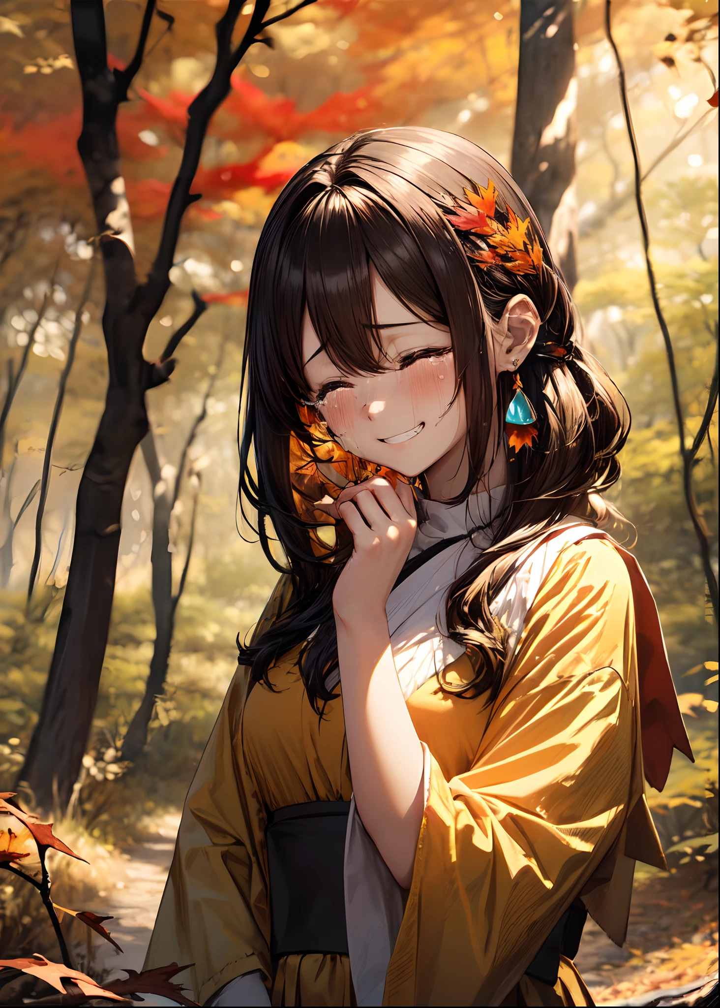 absurderes, ultra-detailliert,bright colour, (1girl in:1.4),(A very beautiful forest with autumn leaves:1.5),extremely beautiful detailed anime face and eyes, (Fox personification:1.3),Blushing、Yellow skin、(Brown Smooth Straight Hair:1.3)、Bright kimono based on yellow、Lots of autumn leaves、(Autumn Dusk 1.3)、Orange view、Shiny hair,depth of fields, Delicate beautiful face,White skin, hair clips, earrings,(Close your eyes、Crying sad smile:1.4),(double tooth:1.1)