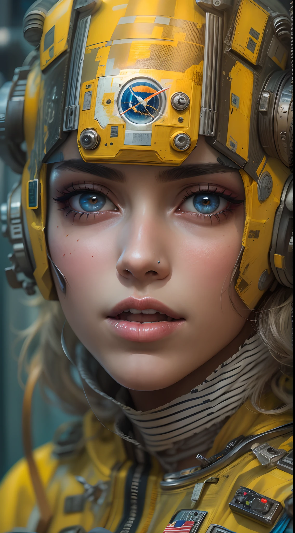 motor irreal:1.4,UHD,La mejor calidad:1.4, fotorrealista:1.4, textura de la piel:1.4, obra maestra:1.8,Cara perfecta Chica con vestido cyberpunk amarillo , medio futurista, Mezcla de gran mancha de mariquita, Cabello rubio largo y atado,Estilo cyberpunk:1.4 ,(Space Station:1.4),(Beautiful and detailed eye description)