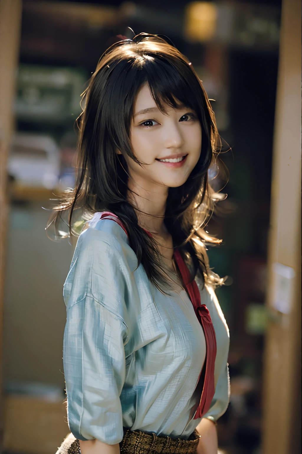 (8k, RAW photo, best quality, masterpiece:1.2), (realistic, photo-realistic:1.37), ultra-detailed, ultra high res,1 girl,looking at viewer,beautiful detailed face,smile,narrow,(slim waist:1.3),shirt, beautiful detailed skin, skin texture, floating hair,professional lighting,