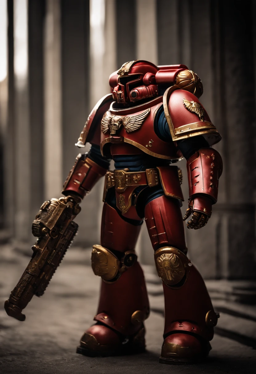 A highly realistic space marine Astartes, in his gold steel Power armor, red in color, ultra realism, best quality, Warhammer40k