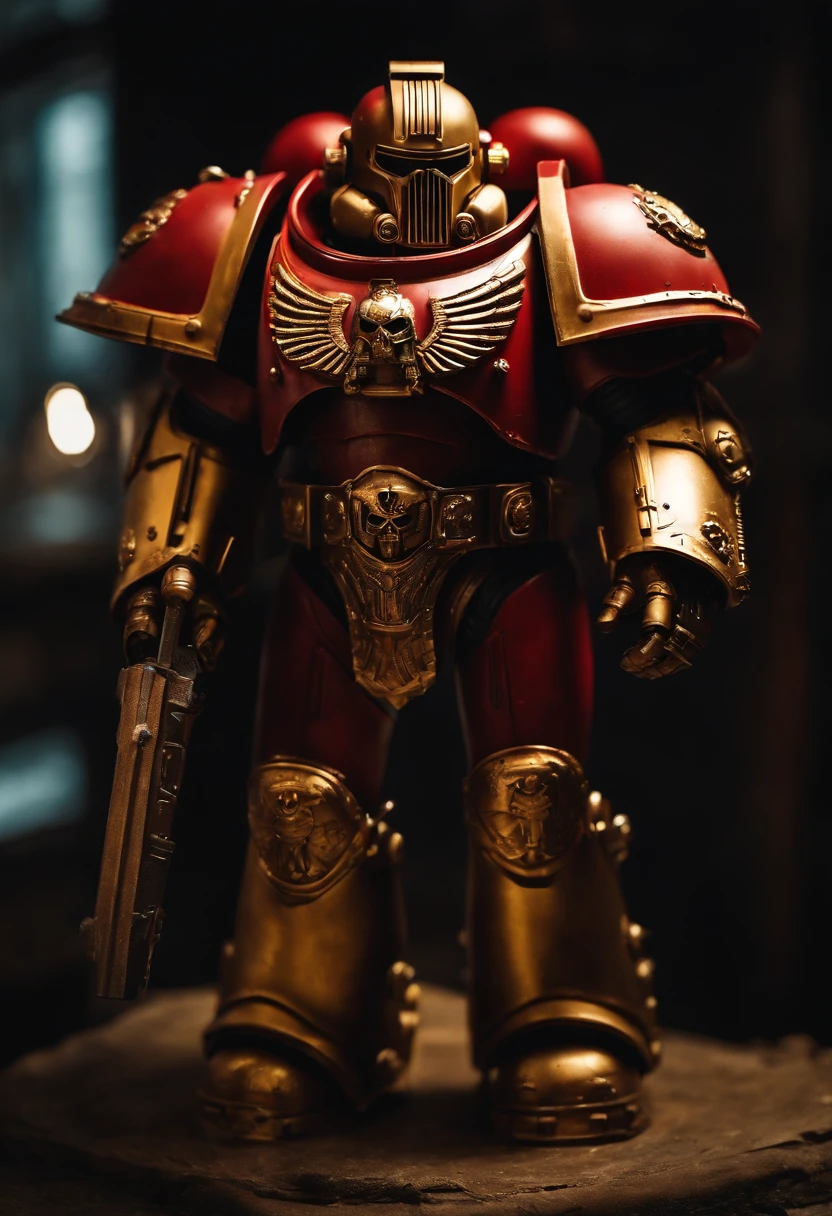 A highly realistic space marine Astartes, in his gold steel Power armor, red in color, ultra realism, best quality, Warhammer40k
