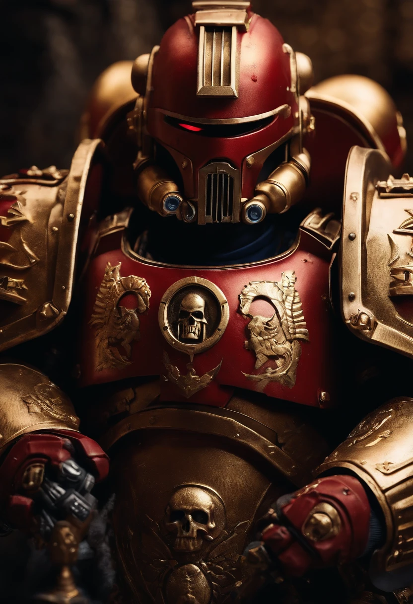 A highly realistic space marine Astartes, in his gold steel Power armor, red in color, ultra realism, best quality, Warhammer40k