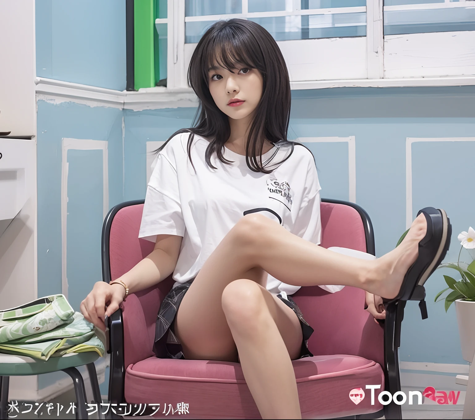 A Japanese Lady、beauitful face、二重まぶた、Big eyes、Long Black Hair、white shirt、micromini skirt、beauty legs、Raw feet、long legged、tall、sit a chair、Cross your legs、Leg Pose