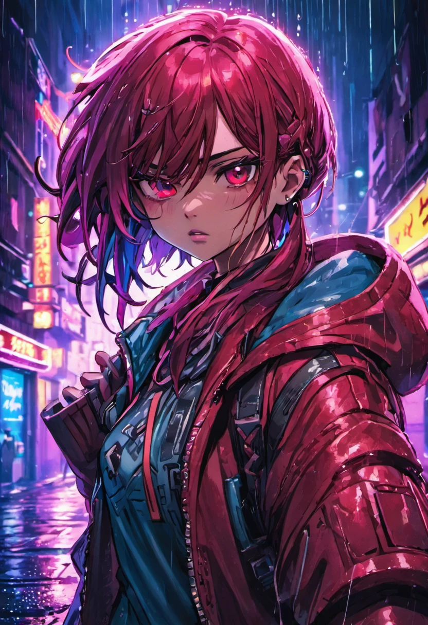 fotografia de close-up, jovem mulher cyberpunk confiante com cabelos loiros e brancos em um coque, usando um capuz com desenhos vermelhos e azuis, on a rain-soaked street at night, fotorrealista, Cinematic lighting