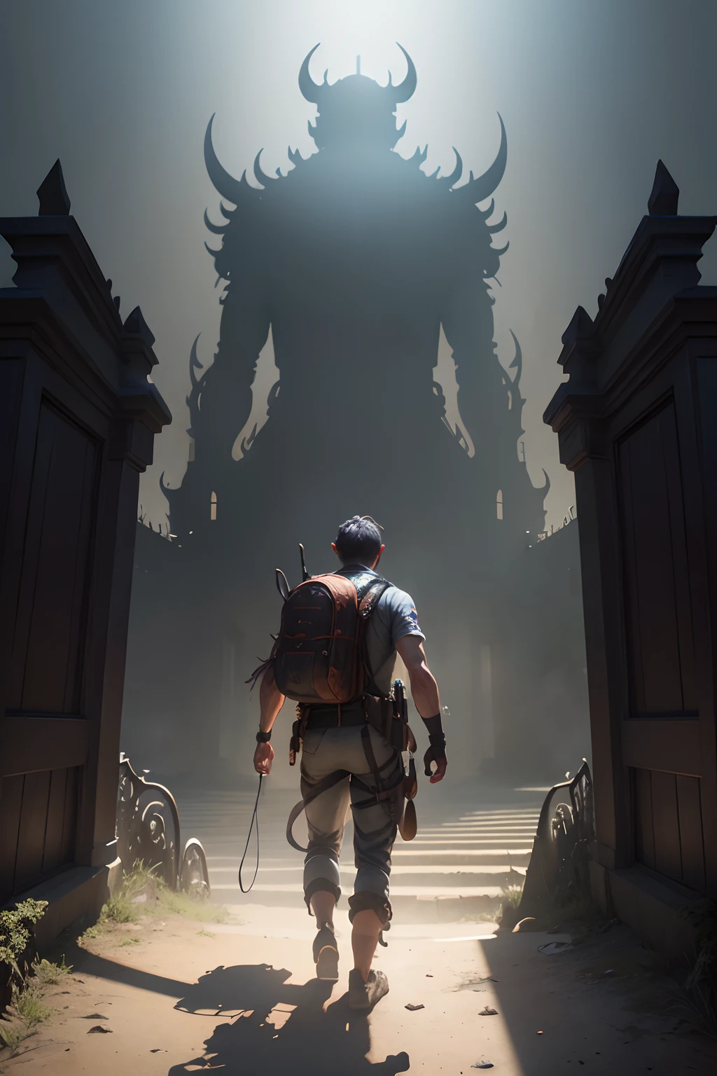Man descending into the gates of hell, highly detailed, view from behind, magnificent colours, stunning photography, photorealistic, soft pastel colours, highly detailed, intricate, path tracing, illustration, insanely detailed, shadow mapping volumetric light, specular lighting