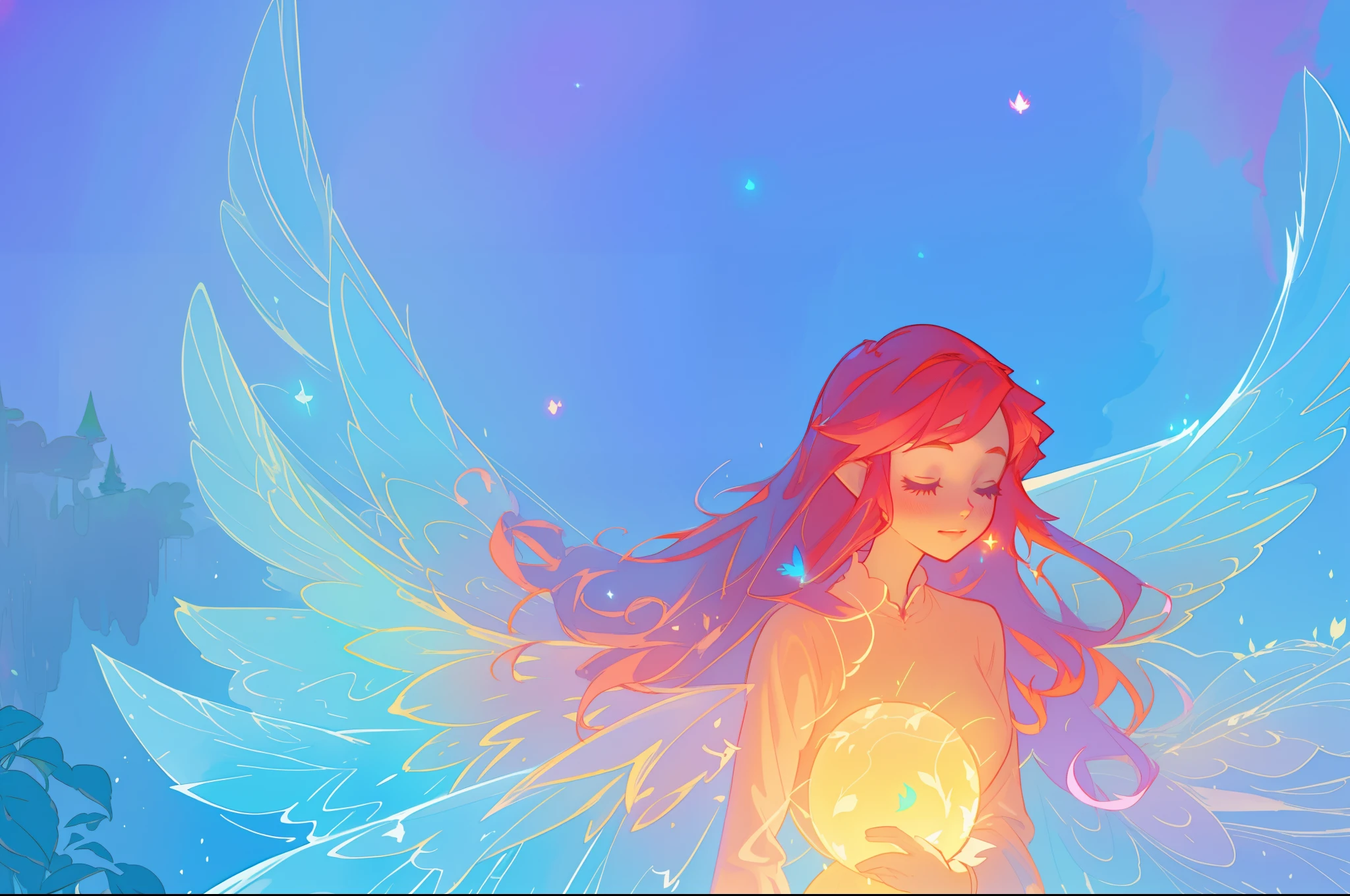 beautiful girl in flowing layered puff long sleeve ballgown, (large fairy wings), glowing flowing ballgown, glowing red hair, sparkling fairy wings, watercolor illustration, flowers and colorful plants, inspired by Glen Keane, inspired by Lois van Baarle, disney art style, by Lois van Baarle, glowing aura around her, by Glen Keane, jen bartel, glowing lights! digital painting, flowing glowing hair, glowing flowing hair, beautiful digital illustration, fantasia otherworldly landscape plants flowers, beautiful, masterpiece, best quality, anime disney style