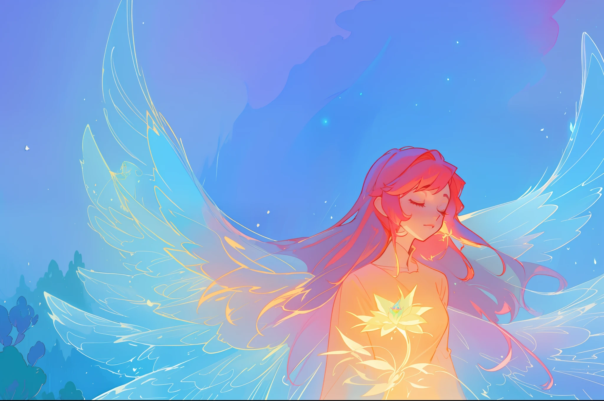 beautiful fairy girl in sparkling dress, glowing ballgown, long red peach hair, colorful fantasia background, fairy wings watercolor illustration, disney art style, glowing aura around her, glowing lights, beautiful digital illustration, fantasia otherworldly landscape plants flowers, beautiful, masterpiece, best quality, anime disney style