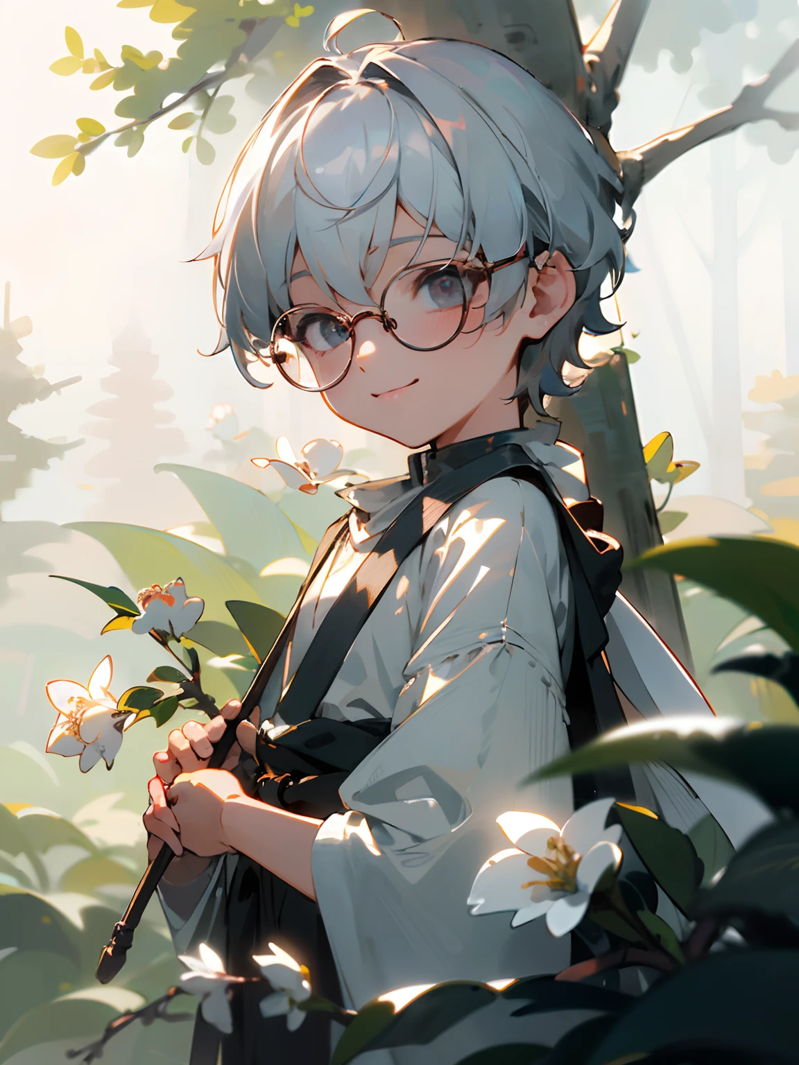 (Male child, eye glasses,A smile, silber hair),(((masterpiece)))、(((top-quality)))、((ultra-definition))、(High Definition CG Illustration)、((extremely delicate and beautiful)),(masterpiece:1.2、top-quality),