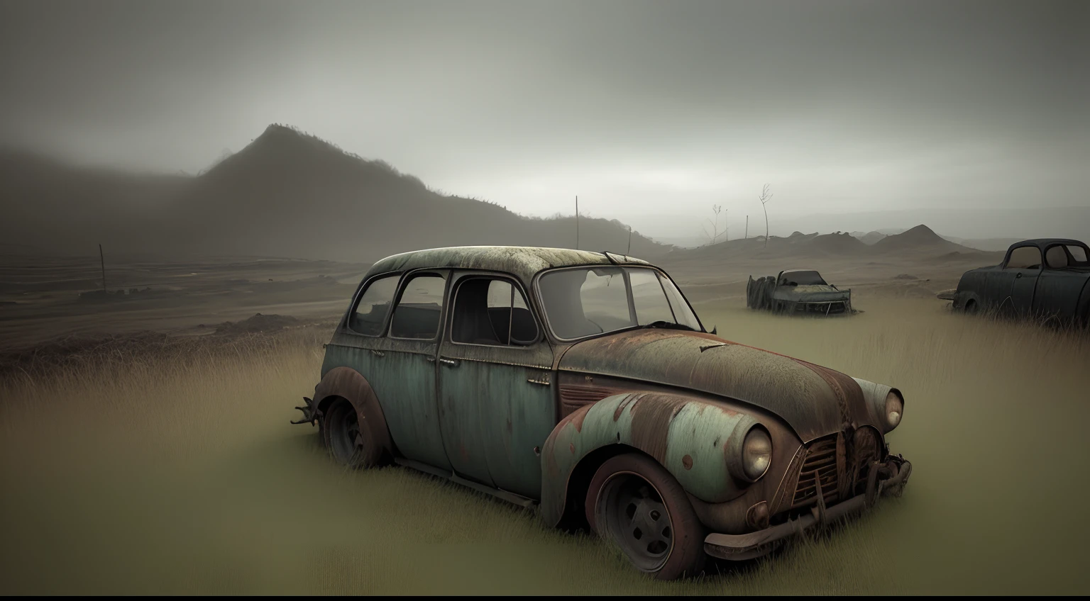 there is a old car that is sitting in the grass, a detailed matte painting inspired by Rudy Siswanto, pexels contest winner, conceptual art, 3 d render and matte painting, post apocalyptic background, post apocalyptic landscape, post apocalyptic view, post apocalyptic scene, post apocalyptic setting, post apocalyptic atmosphere, abandoned vehicles, abandoned cars, photorealistic matte painting