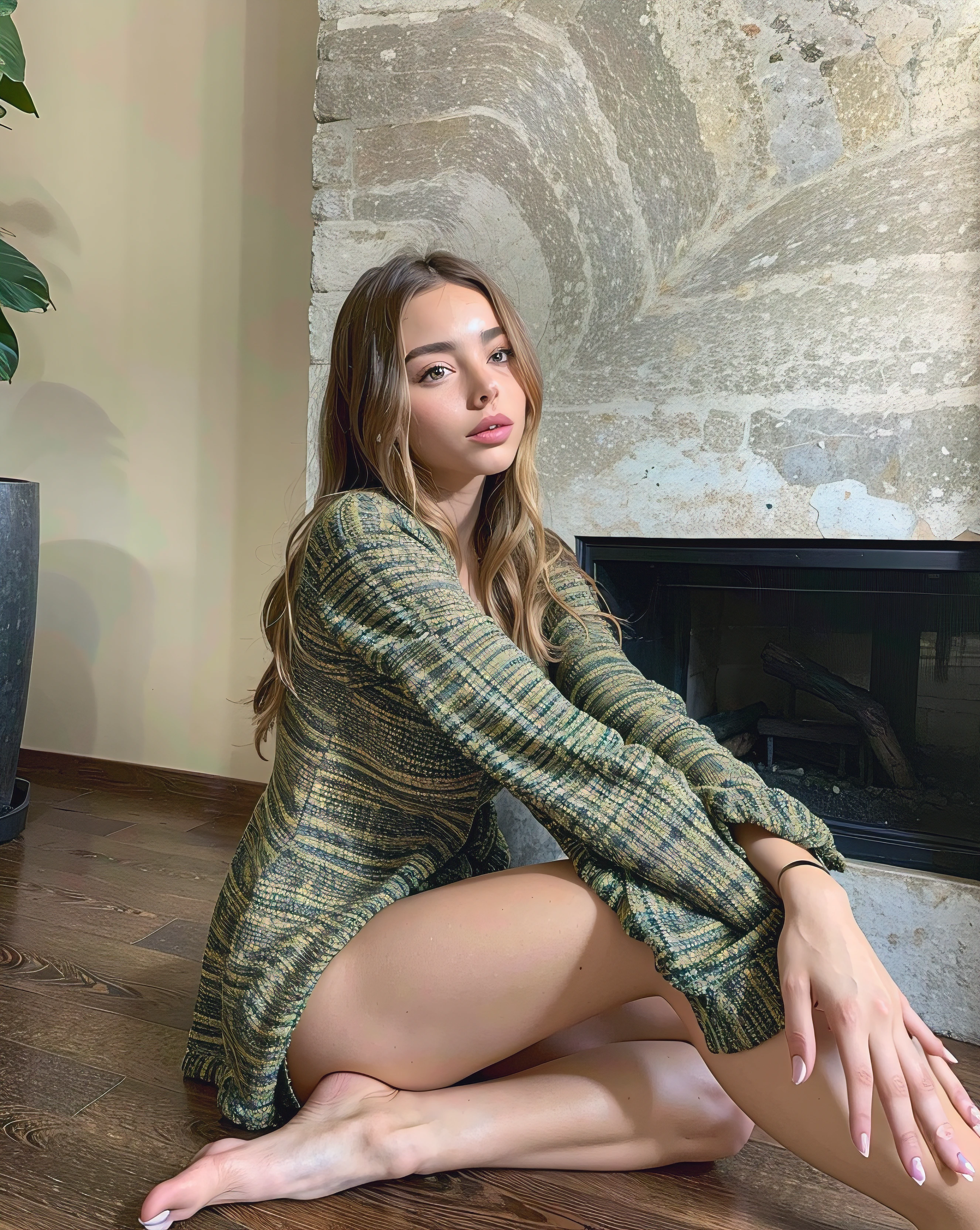 Arafed Mujer sentada en el suelo frente a una chimenea, sydney sweeney, hermosa imagen, Retrato Sophie Mudd, Pokimane, Postura lateral, Lower angle, tomada en 2 0 2 0, pose casual, frente a una chimenea, Chloe Bennet, full lenght shot, luciendo caliente, en segundo plano, Kailee Mandel, Mujer joven