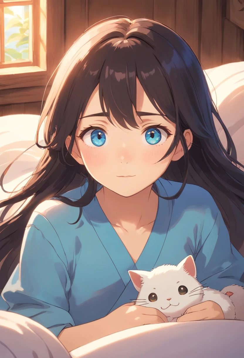 Best Quality,4K,8K,hight resolution,masutepiece:1.2),Ultra-detailed, in a house、Sleeping in bed、Where the morning sun shines in and wakes up、Long black hair、Button pajamas that are only a little fluttering、Budgerigars are singing and waking up、With a beautiful song、Beautiful,Beautiful detailed eyes,Sparkling eyes,Highlighted eyes,Soft blue eyes,Portraits,Subtle tones,Soft lighting