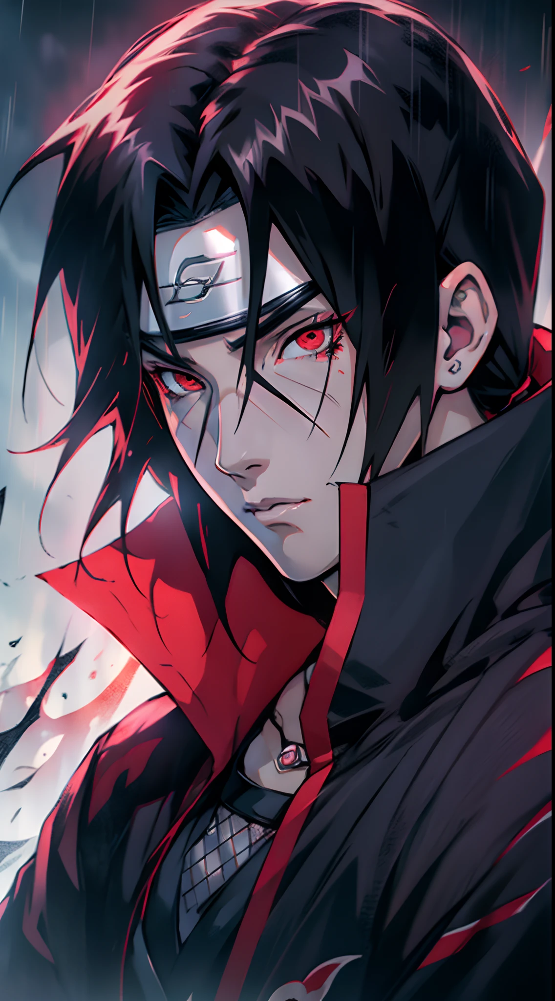 close up of a person with a black hair and red eyes, itachi uchiha, itachi, akatsuki akira, sasuke uchiha, madara uchiha, atsukasa dokite, yuyushiki, from naruto, inspired by Chen Jiru, sherigan eyes,8k, wallpaper,midjourney art,detailed face,wearing akatsuki dress,he's very menacing and evil,naruto anime character Itachi, rainy, black theme,very detailed sharingan eyes, stooonig look,sad