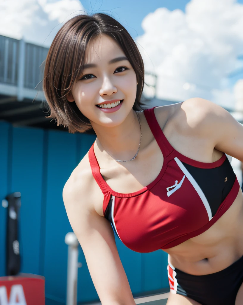 zydG, 1girls, Front view, stand, looking the viewer, exposed skin, (from below),brown-eyed, (brown very short hair:1.2), (light hair), (medium breasts:1.4), smile with white teeth, (photorealestic:1.4), (Top image quality:1.0), (UltraHighResolution:1.0), 8K, Raw photography, (A masterpice:0.2), track and field uniforms, show abs, (sweat, wetty:1.1), portlate, facefocus, ful body,(pureerosface_v1:0.5), outdoor, track and field,