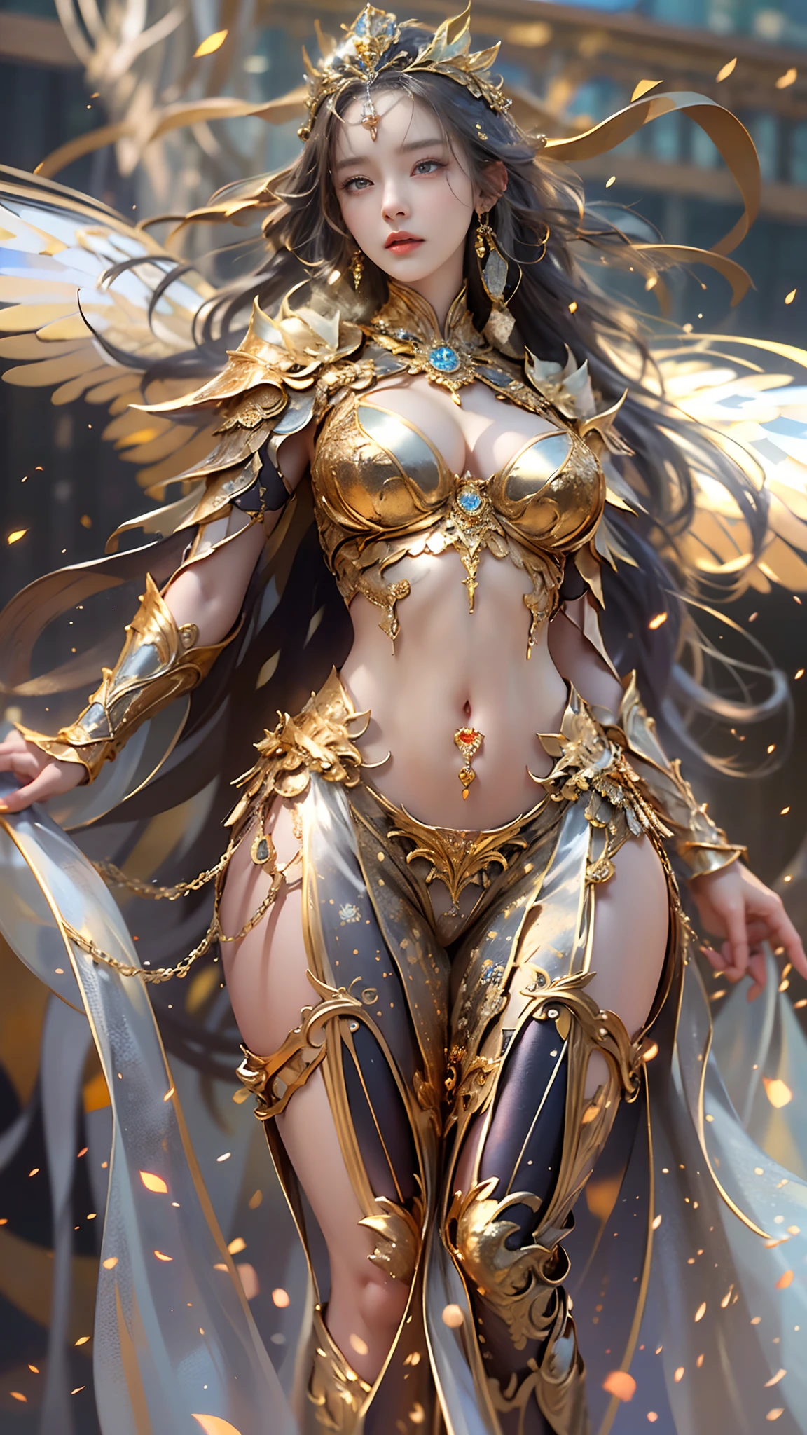 Woman in a golden transparent dress,view the viewer,(((Huge breasts, Large cleavage))),Slim waist,(navel baring,Bare waist), Long hair, Ultra-detailed details,High-end Zhenyi station, Rainstorm site, detailed fantasy art, Stunning character art, Beautiful and exquisite character art, Beautiful gold and silver armor, Extremely detailed, Girl in shiny armor, Exquisite tiaras and jewelry,Crystal jewelry filigree, milky ways, Stunning visuals, (dynamic streaks, light tracks:1.2), Vibrant colors, lots of bare skin, high amount of nudity, NSFW 100x