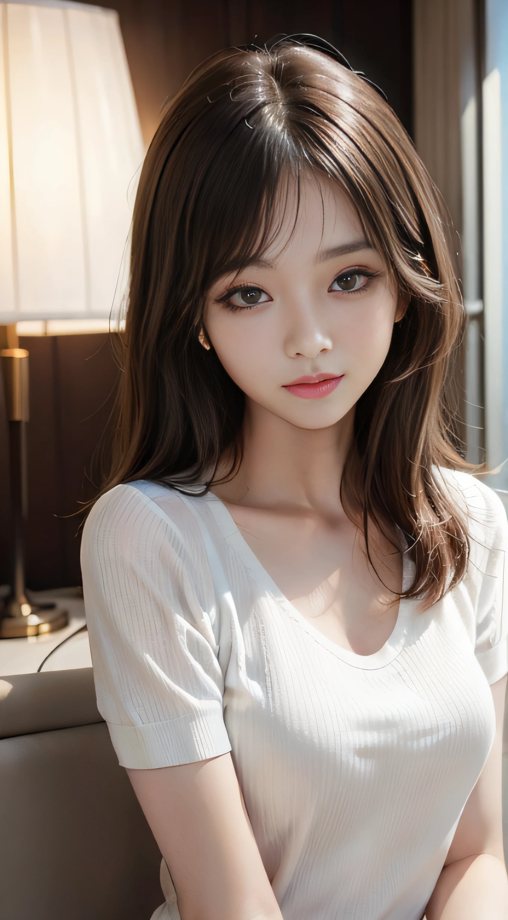 ​masterpiece、Top image quality:1.2、((beautiful young woman with))、Transparent skin:1.2、{A slight smil}、(kawaii)、Short sleeve knit、luxury hotel、depth of fields